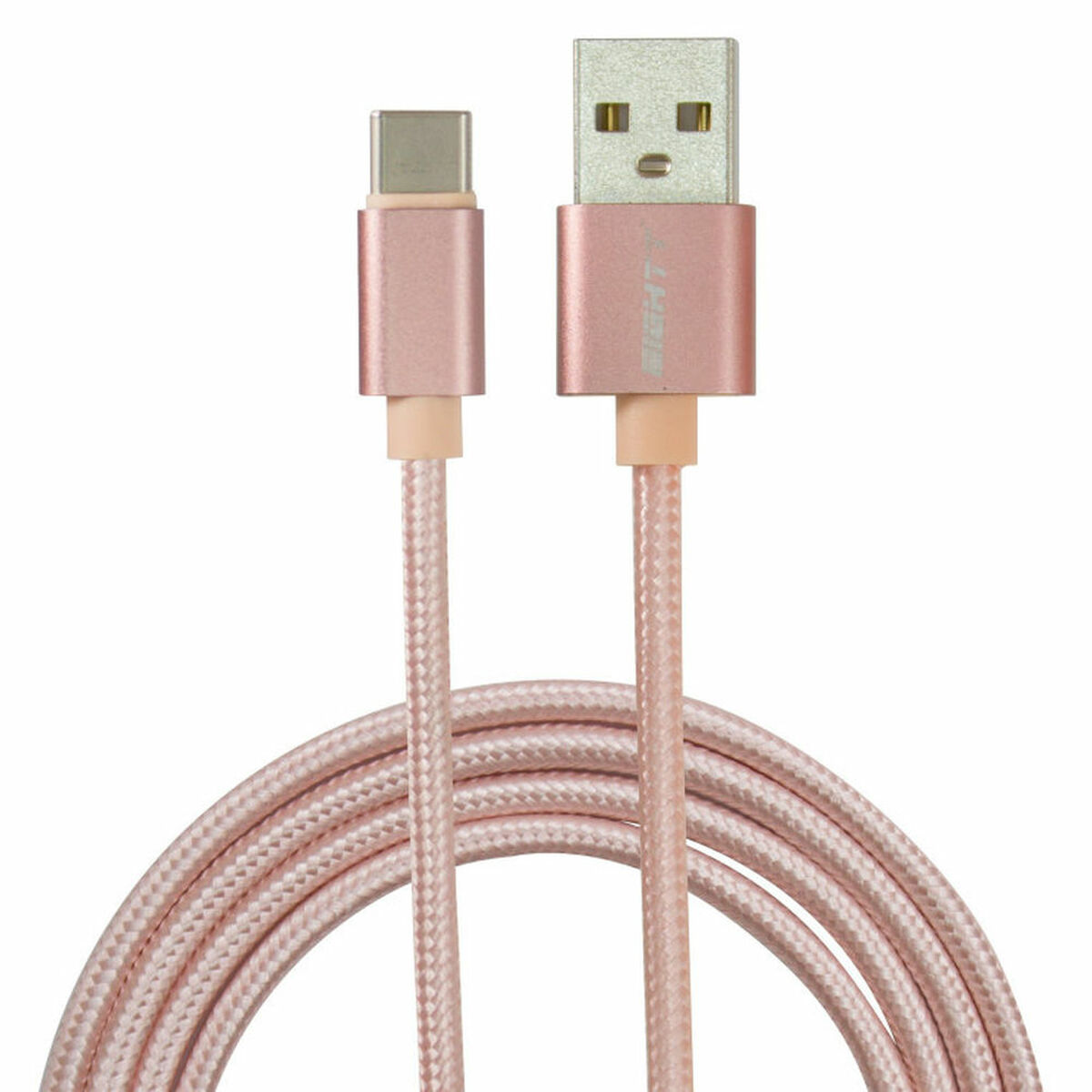 Un cavo di ricarica USB rosa, con connettore USB e USB-C, su sfondo bianco.