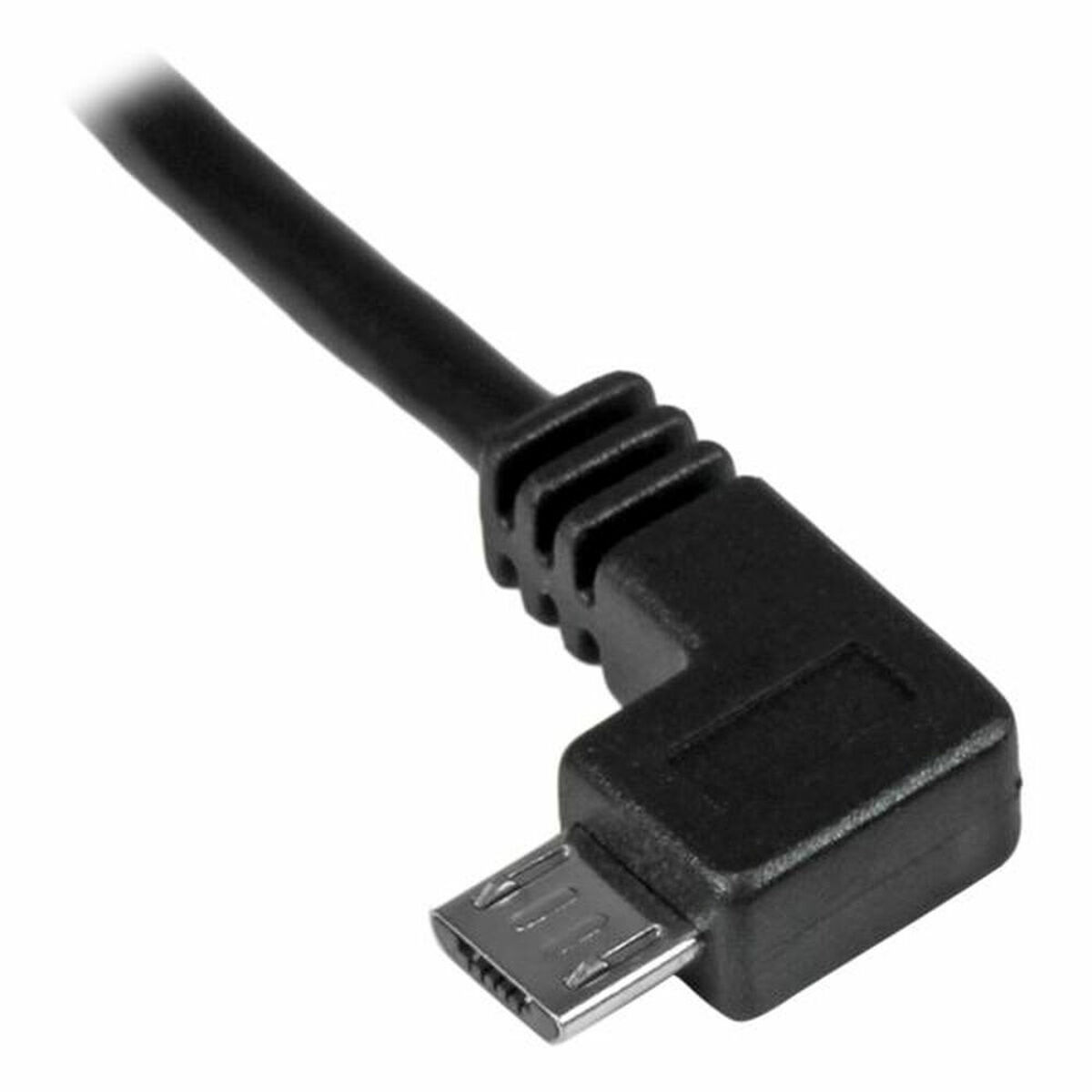 Connettore cavo micro-USB nero. Design angolato. Sfondo bianco.