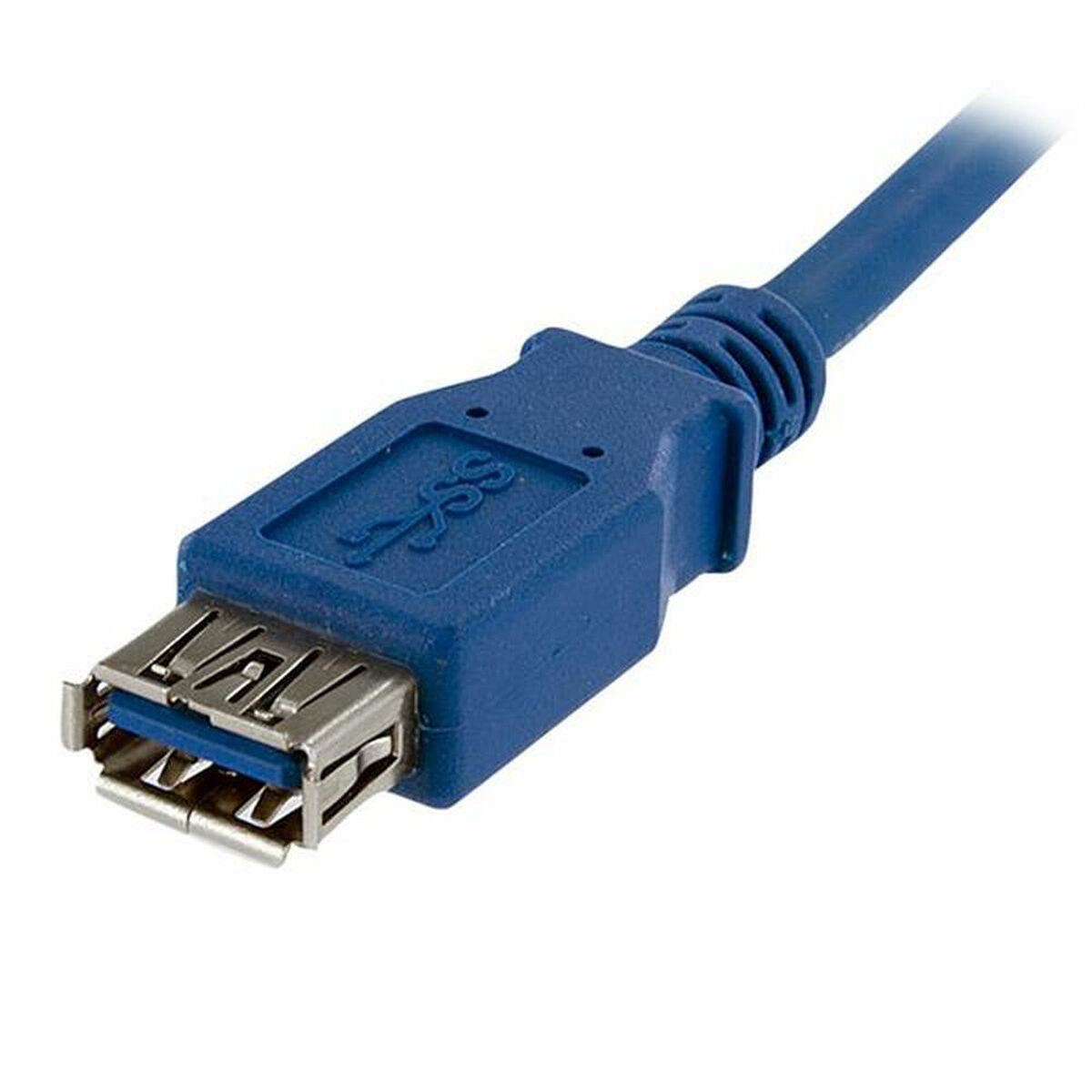 Een blauwe USB 3.0-kabel met een USB 3.0-connector. Het is een close-up.