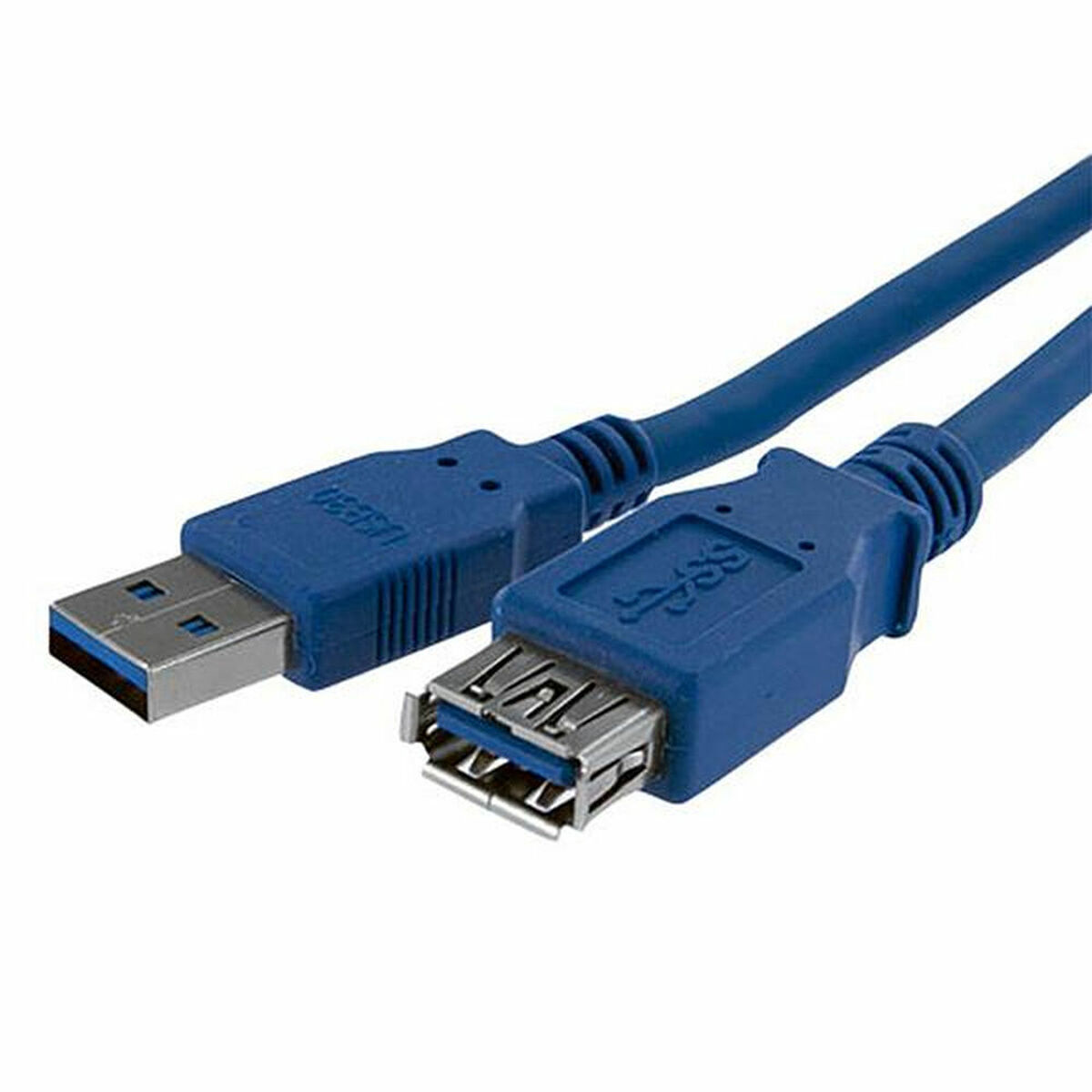 Blauwe USB 3.0-kabel met USB- en USB-female connectoren, tegen een witte achtergrond.