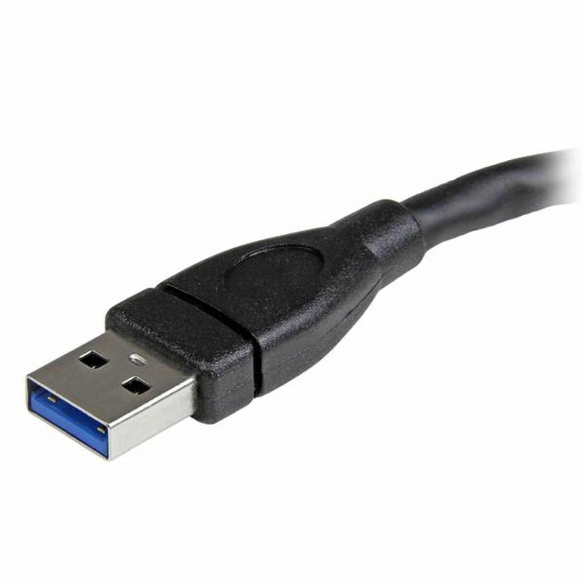 Un cavo USB 3.0 nero con un connettore blu, su sfondo bianco.