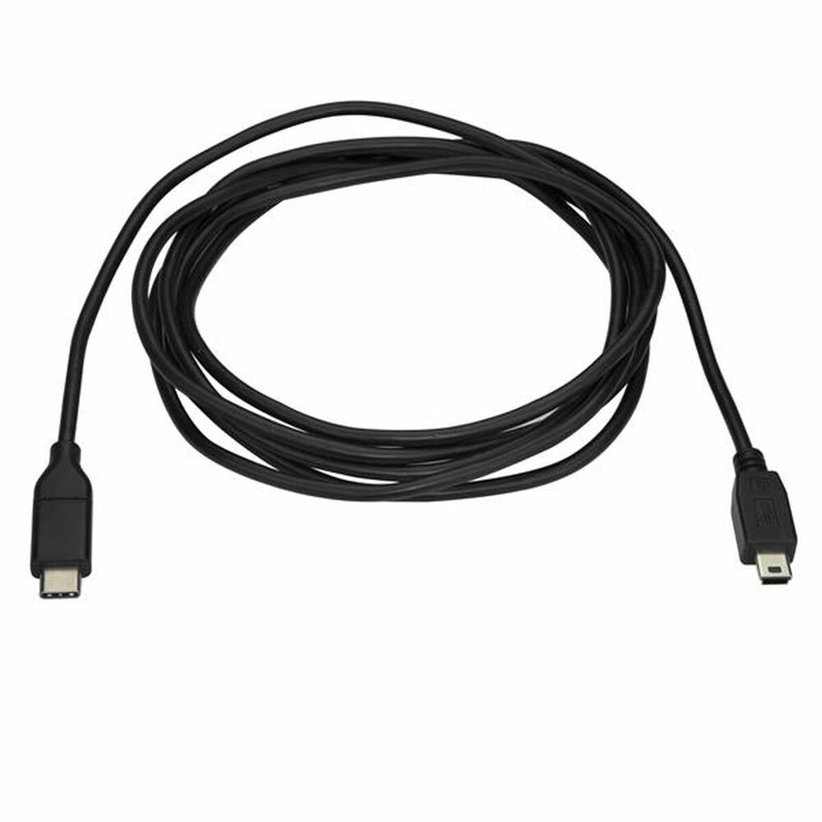 Cavo USB-C a USB-A nero. Entrambe le estremità hanno connettori diversi. Isolato su sfondo bianco.
