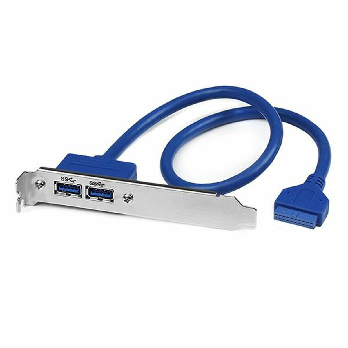 Cable USB 3.0 azul con soporte plateado. Fondo blanco.