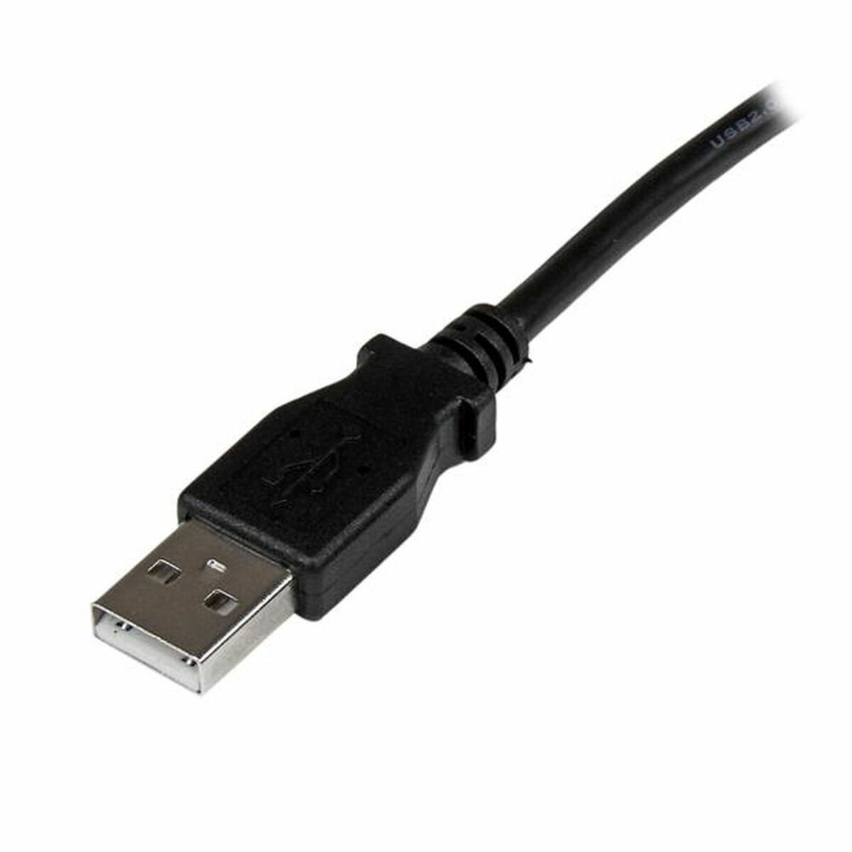 Zwarte USB-kabel met een standaard USB-connector. De achtergrond is wit.