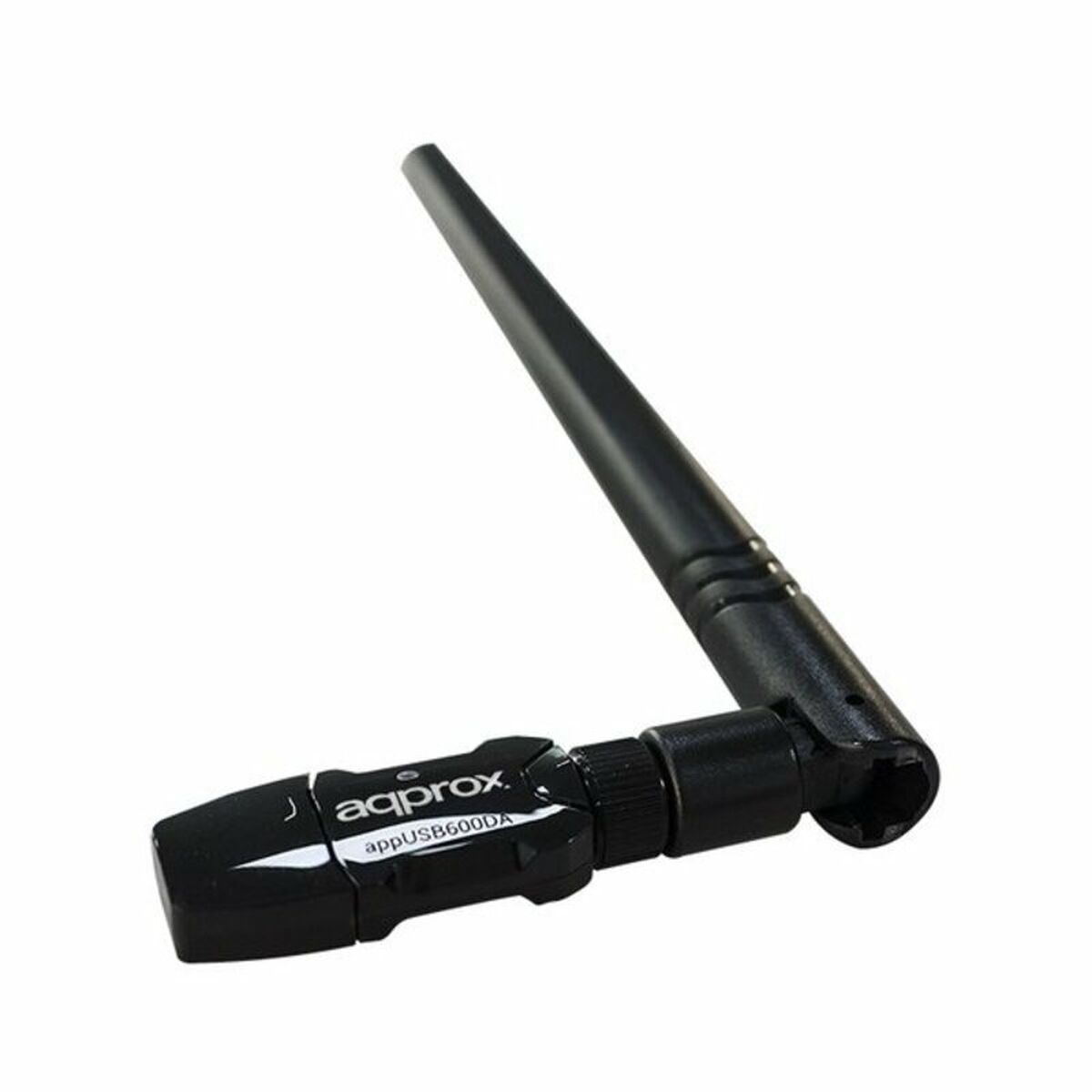 Eine schwarze USB-Antenne mit einer nach oben ragenden schwarzen Antenne. Die Antenne befindet sich auf einer weißen Oberfläche.