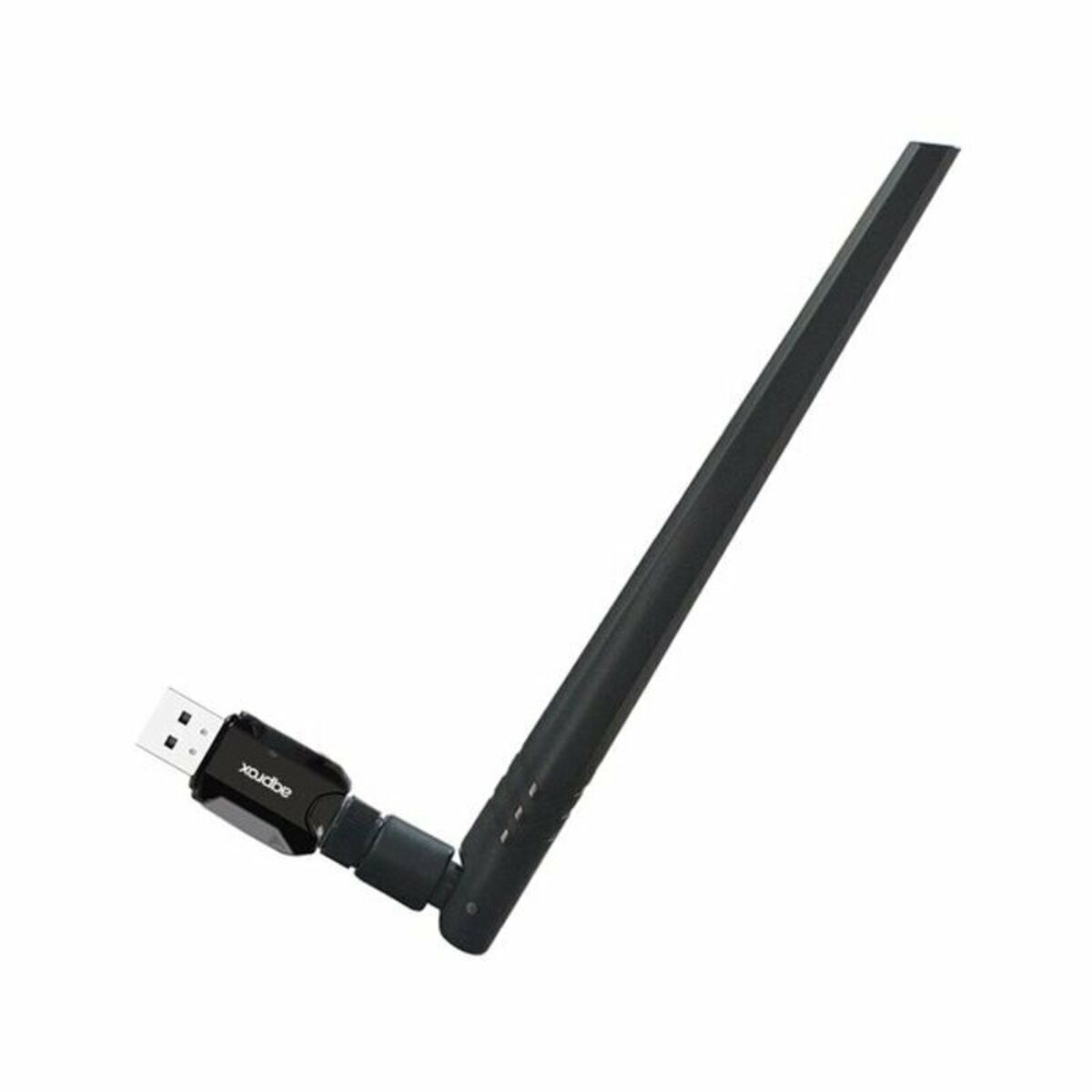 Ein schwarzer USB-WLAN-Adapter mit einer Diagonale nach rechts verlaufenden Antenne.