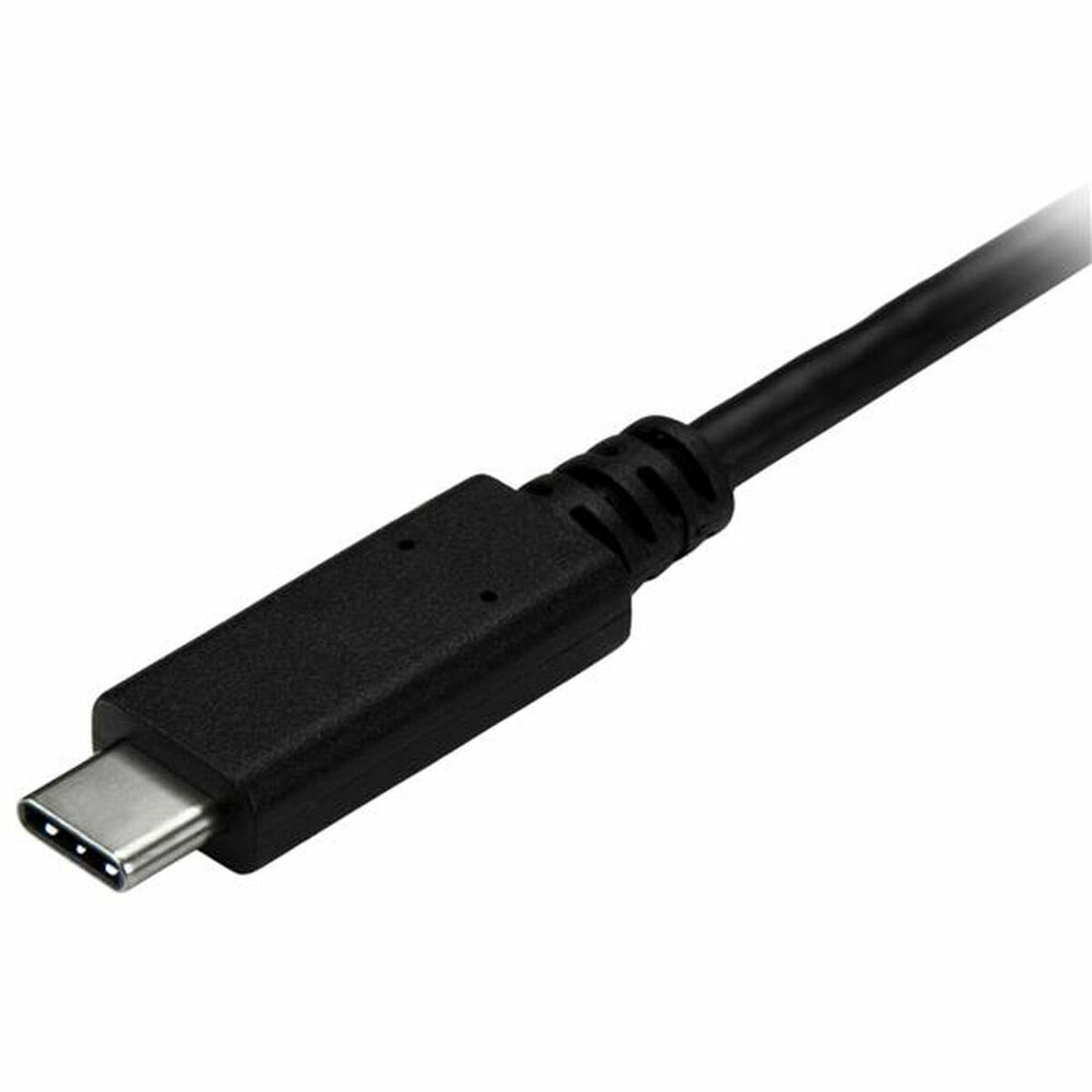 Een close-up van een zwarte USB-C-connector.
