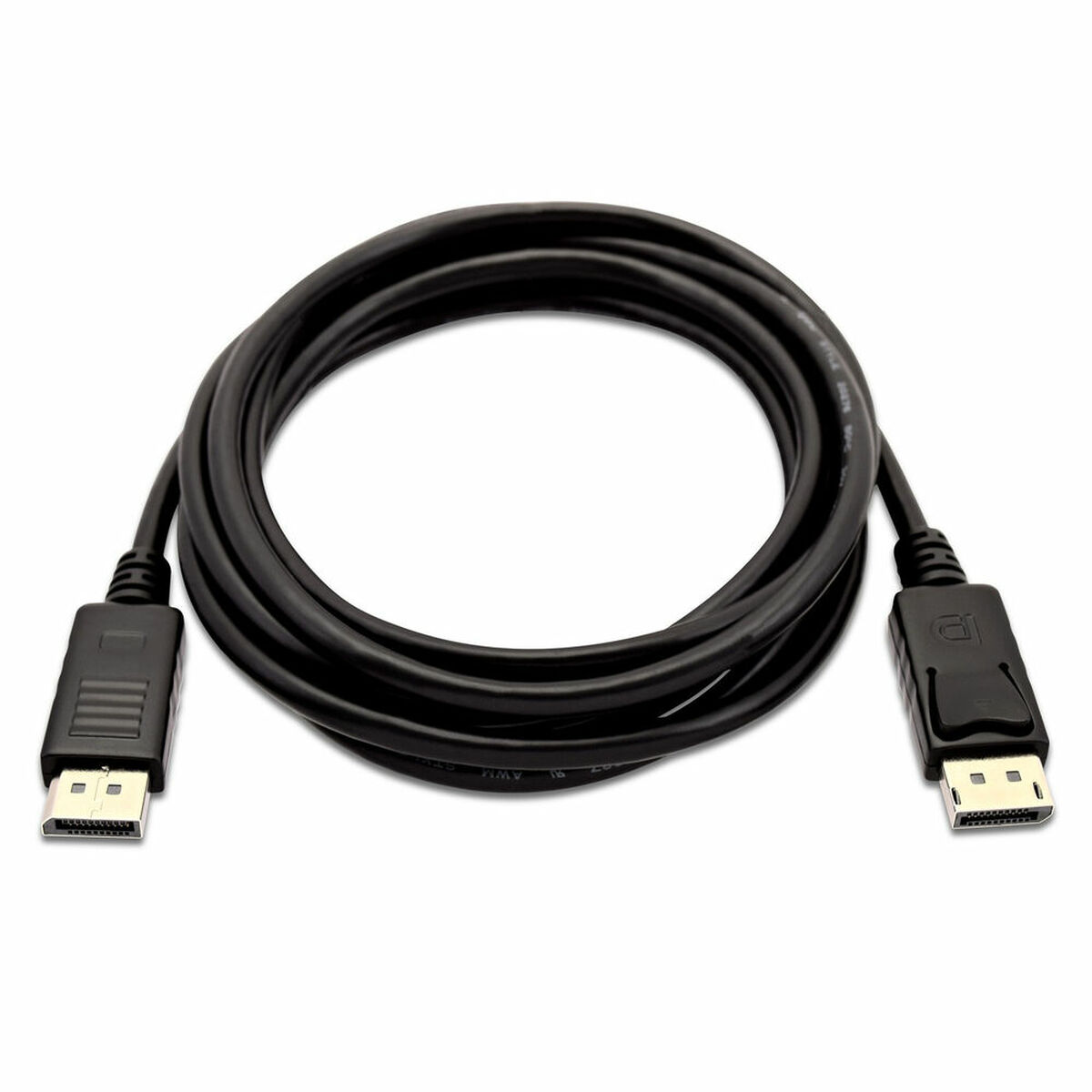 Czarny kabel DisplayPort. Złącza na każdym końcu. Białe tło.