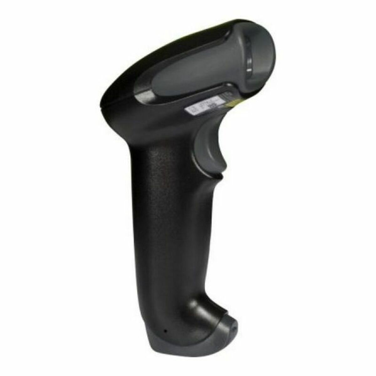 Scanner di codici a barre portatile nero, design ergonomico. Isolato su sfondo bianco, vista angolata.
