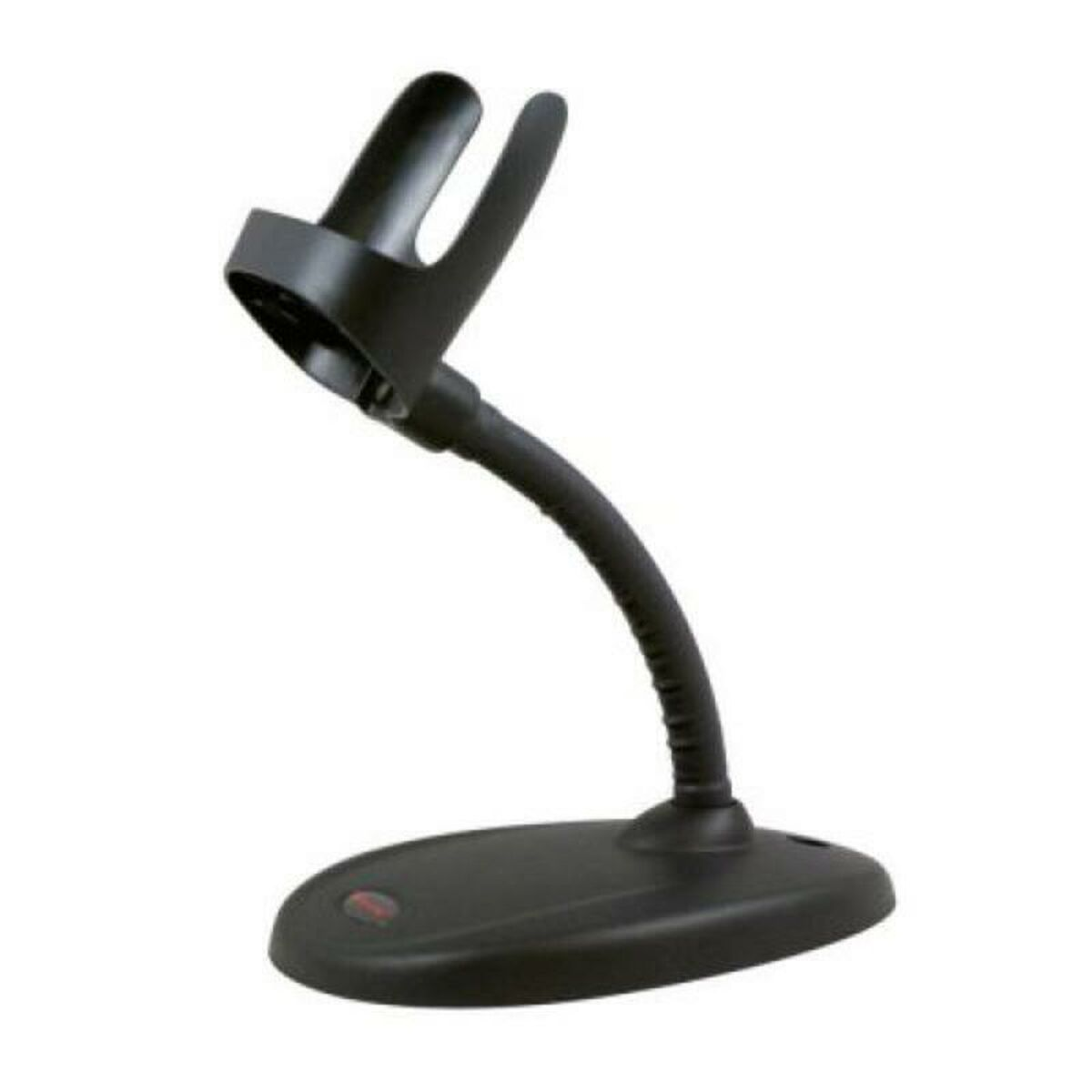 Supporto per scanner di codici a barre nero, design curvo, base nera.