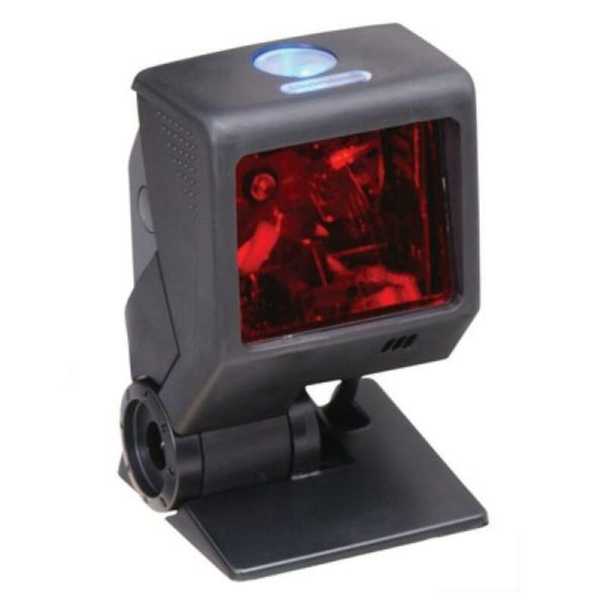 Uno scanner di codici a barre nero con luce rossa all'interno.