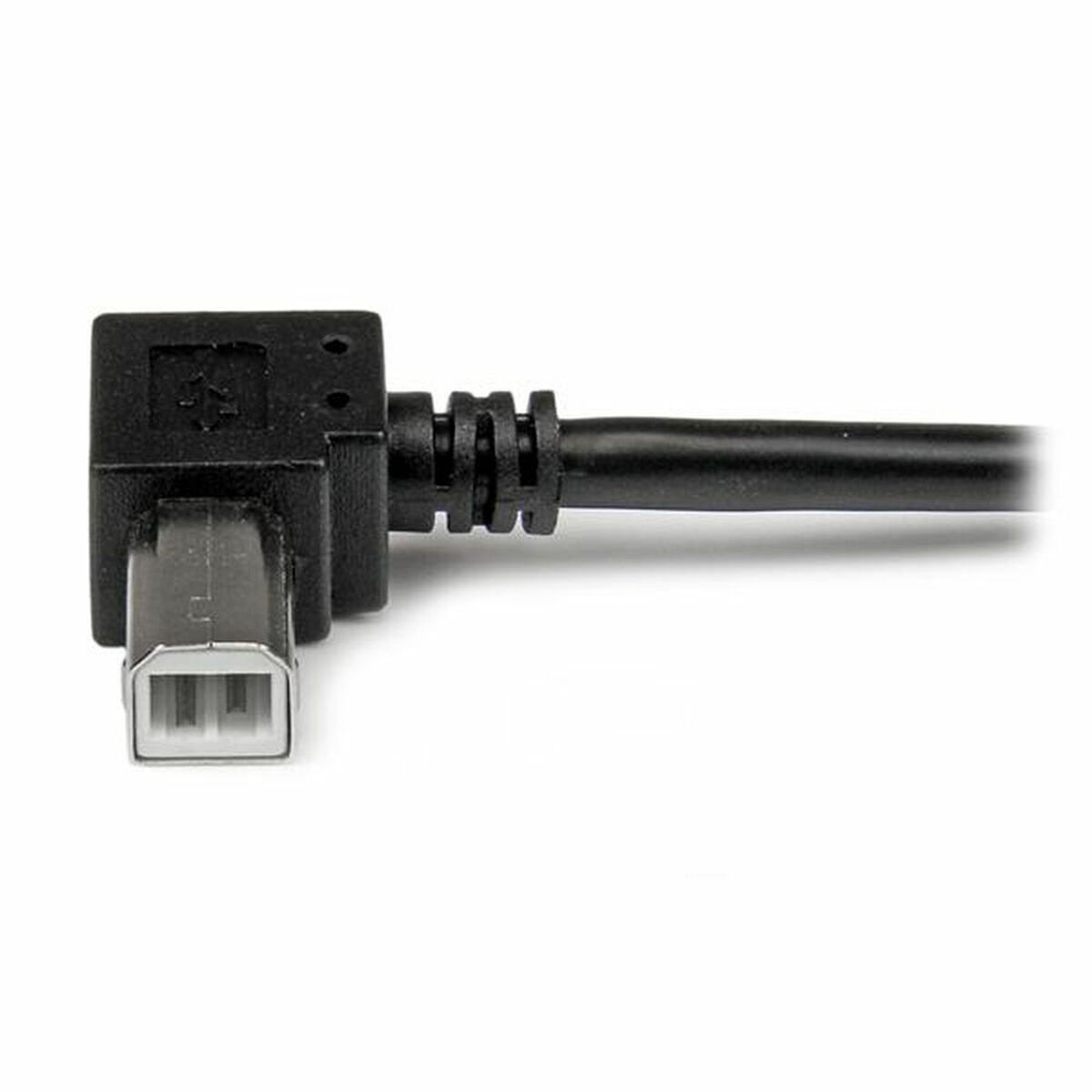 Cavo USB a Mini-USB angolato nero, con connettori USB e mini-USB.