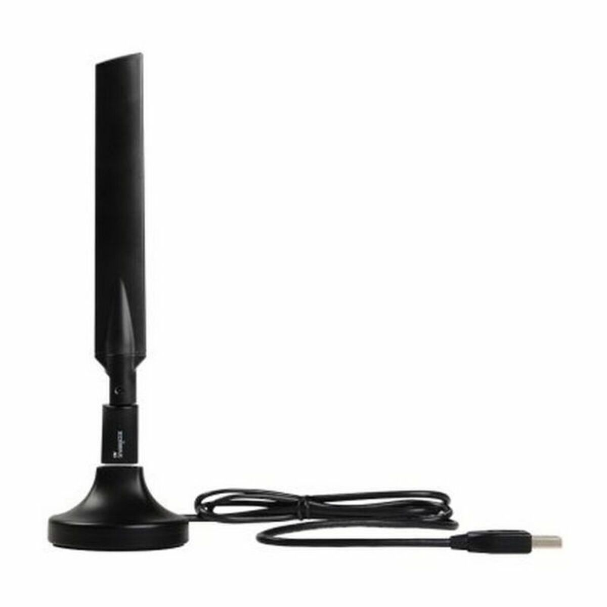 Een zwarte antenne met voet, staaf en USB-kabel.