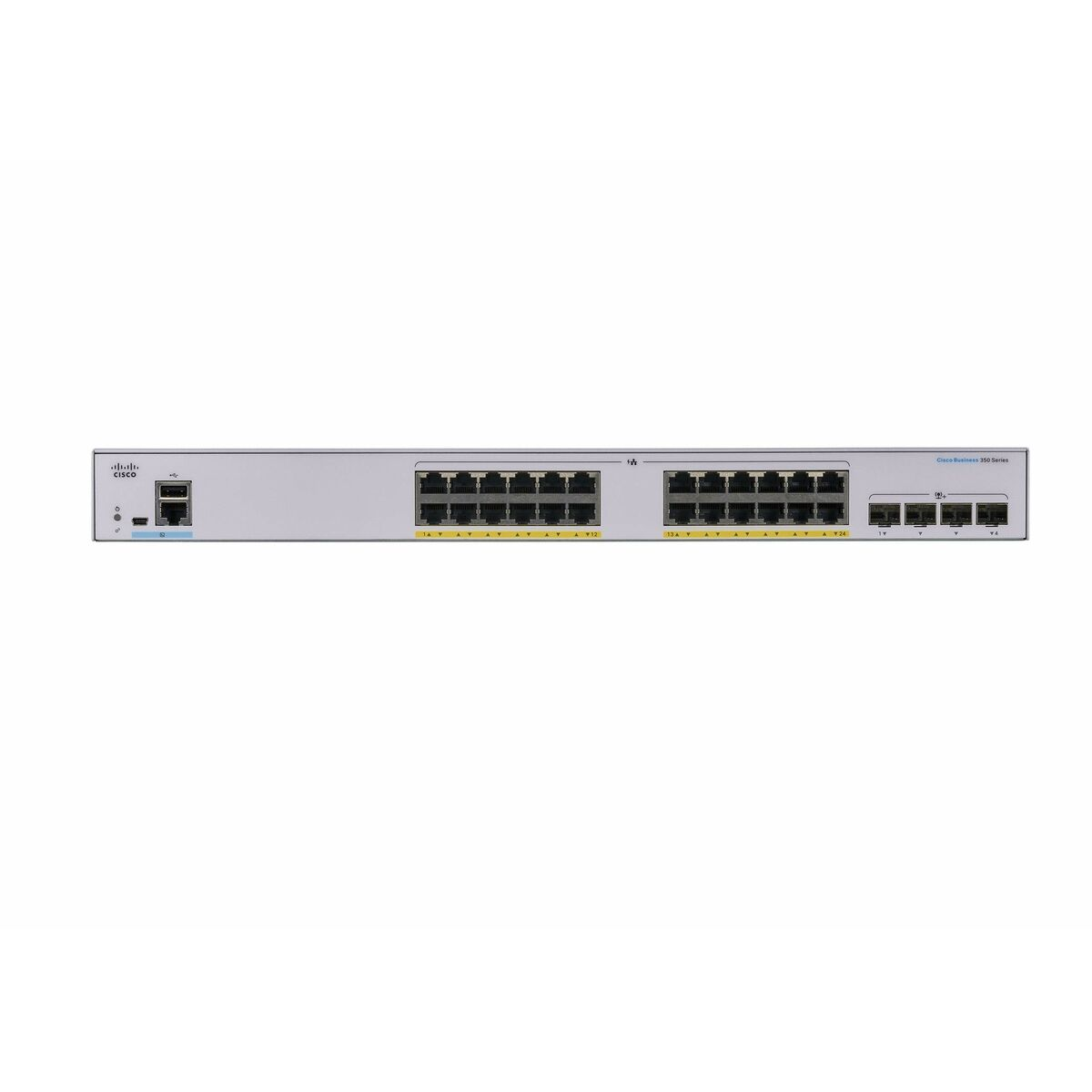 Un switch gris de la serie Cisco Cloud Business. Tiene múltiples puertos y conectores. Fondo blanco.