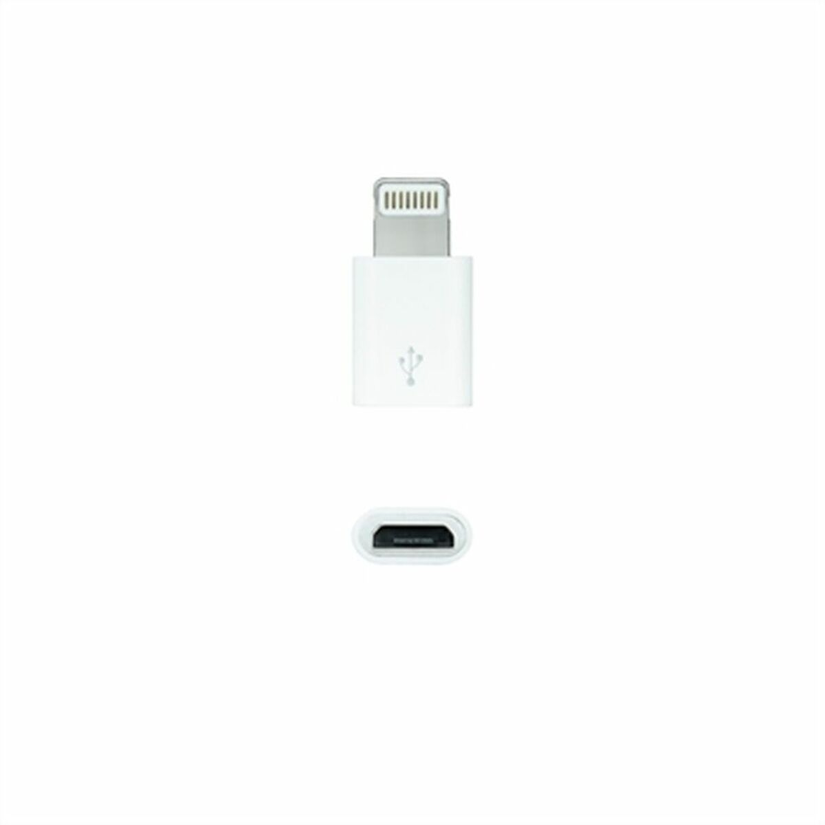 Adattatore bianco da Lightning a USB-C, entrambe le estremità visibili.