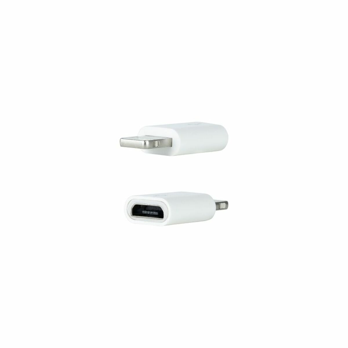 Adattatore bianco da Lightning a USB-C, che mostra entrambe le estremità.
