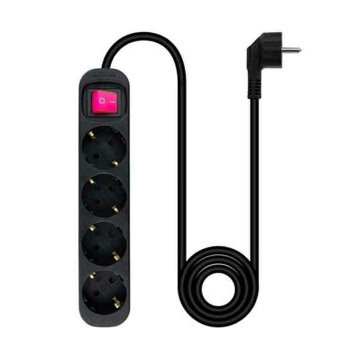 Zwarte stekkerdoos met vier stopcontacten en een aan/uit schakelaar. De kabel is opgerold.