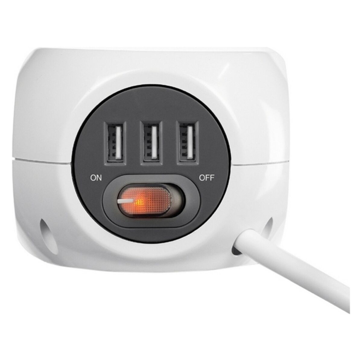 Cubo adaptador de corriente blanco con tres puertos USB y un interruptor de encendido/apagado. El interruptor es naranja.
