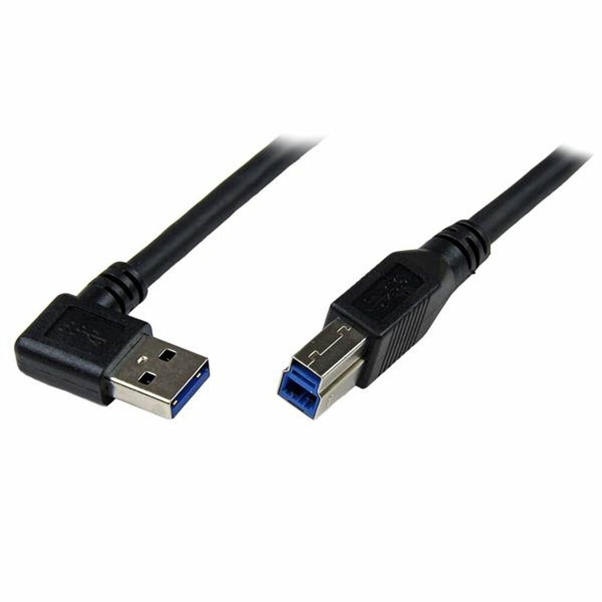 Un cavo USB nero, un'estremità è angolata.