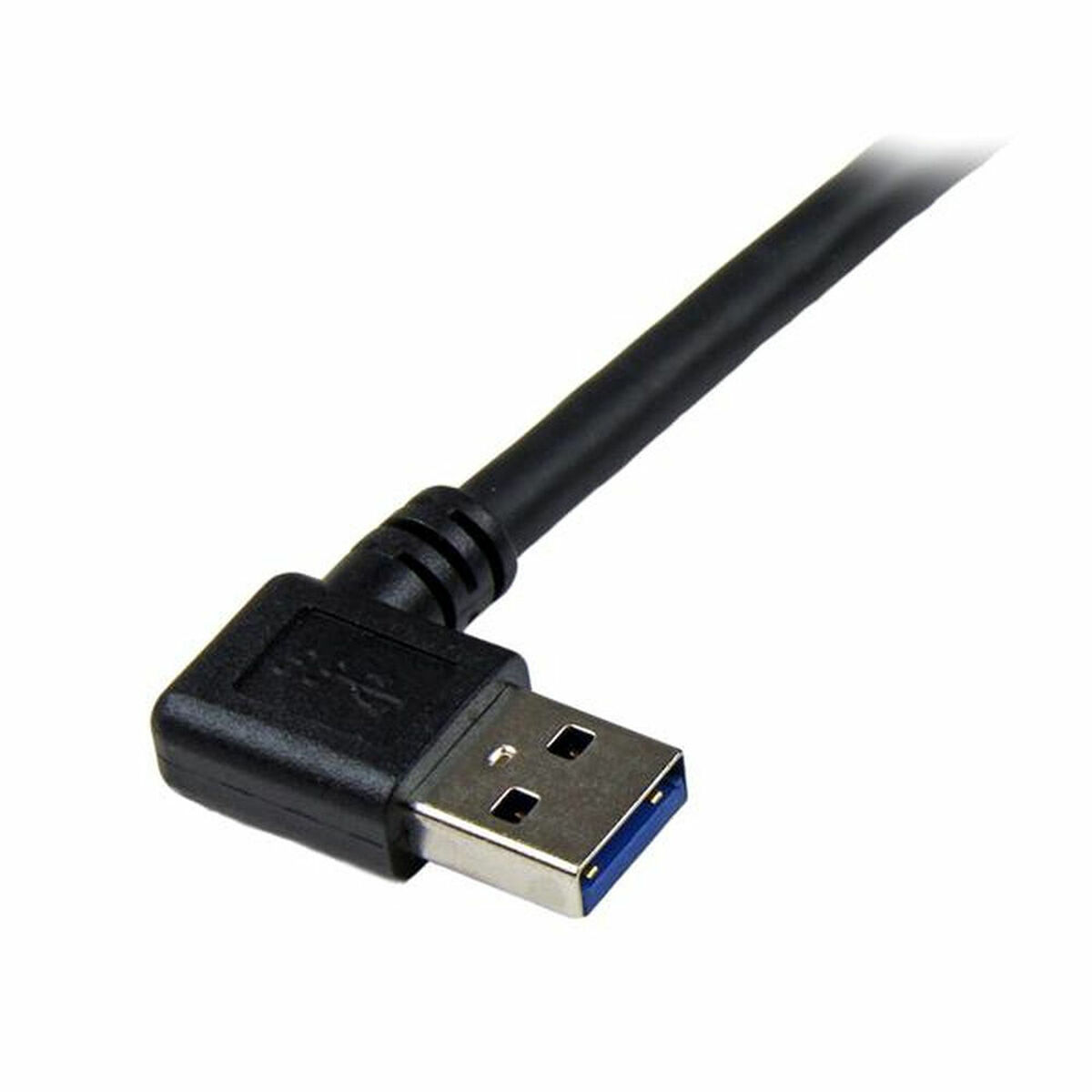 Cavo USB nero con connettore ad angolo retto su sfondo bianco.