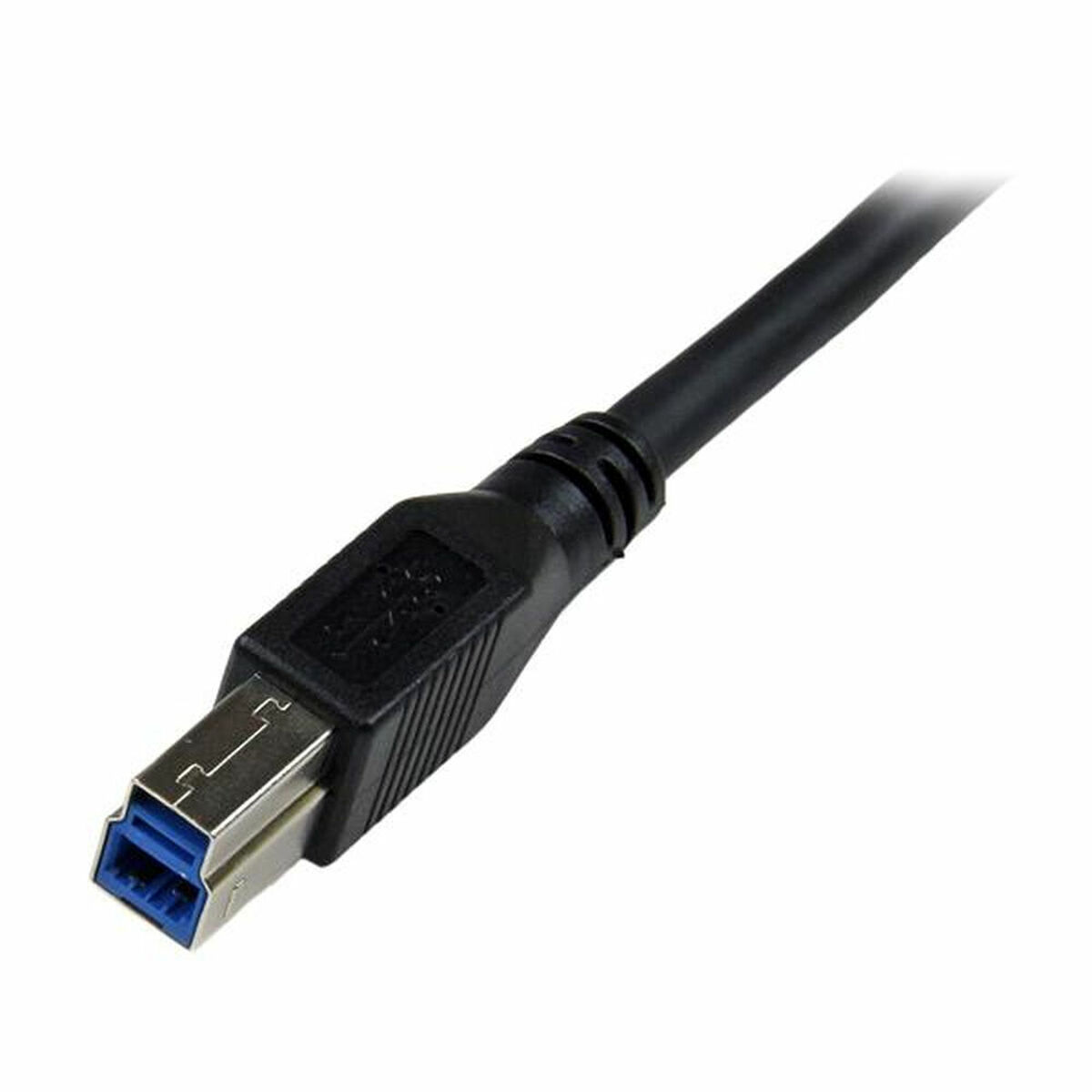 Un cavo USB 3.0 nero con un connettore blu su sfondo bianco.