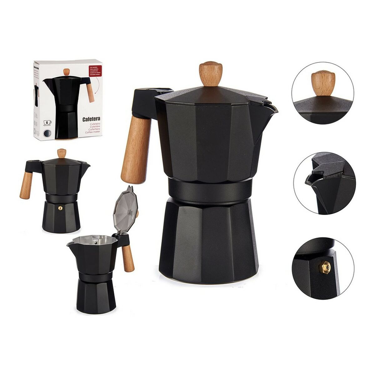 Eine schwarze Kaffeemaschine mit Holzgriff. Es gibt mehrere Ansichten der Kaffeemaschine.