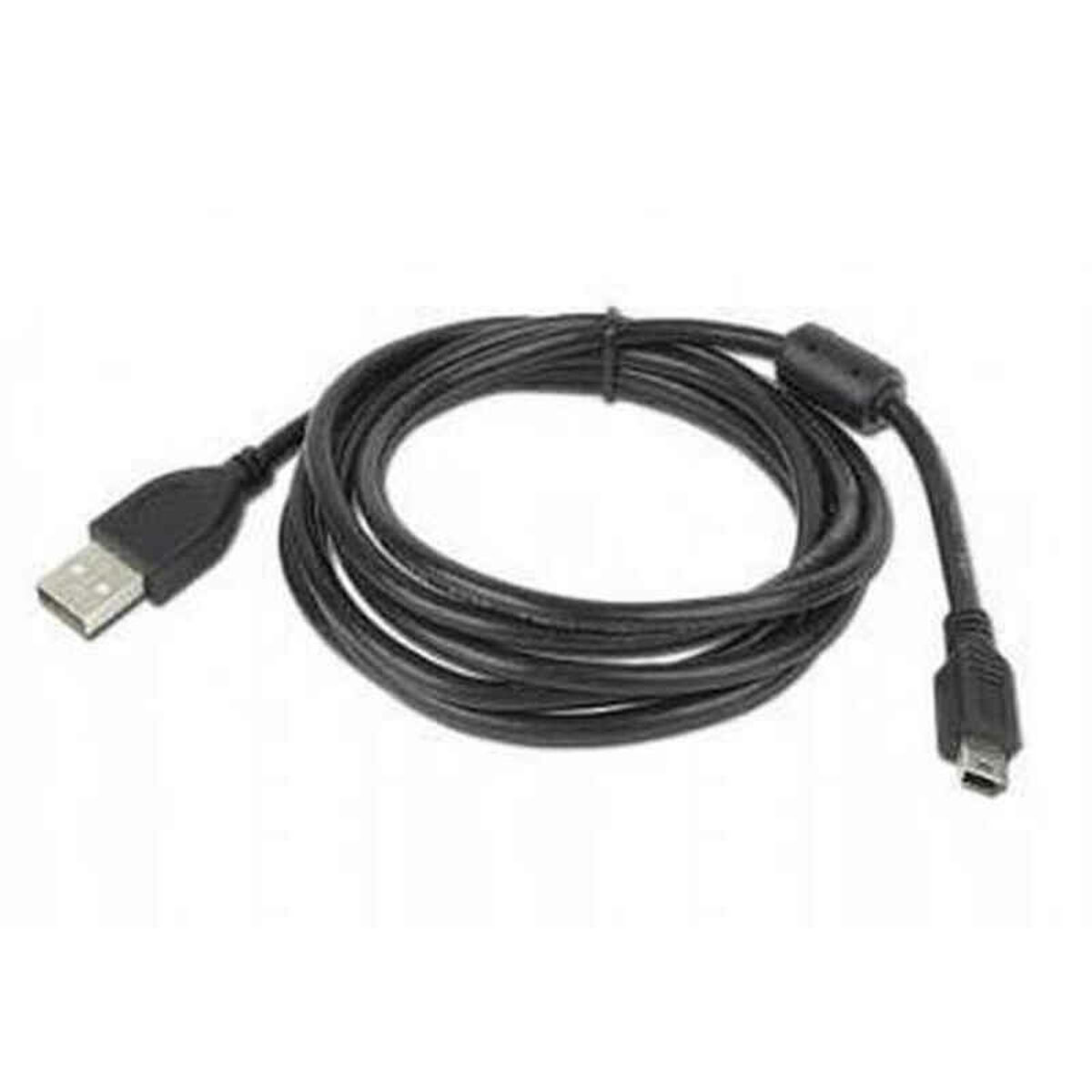 Un câble USB noir avec un connecteur USB-A et un connecteur Micro-USB, enroulé, sur fond blanc.