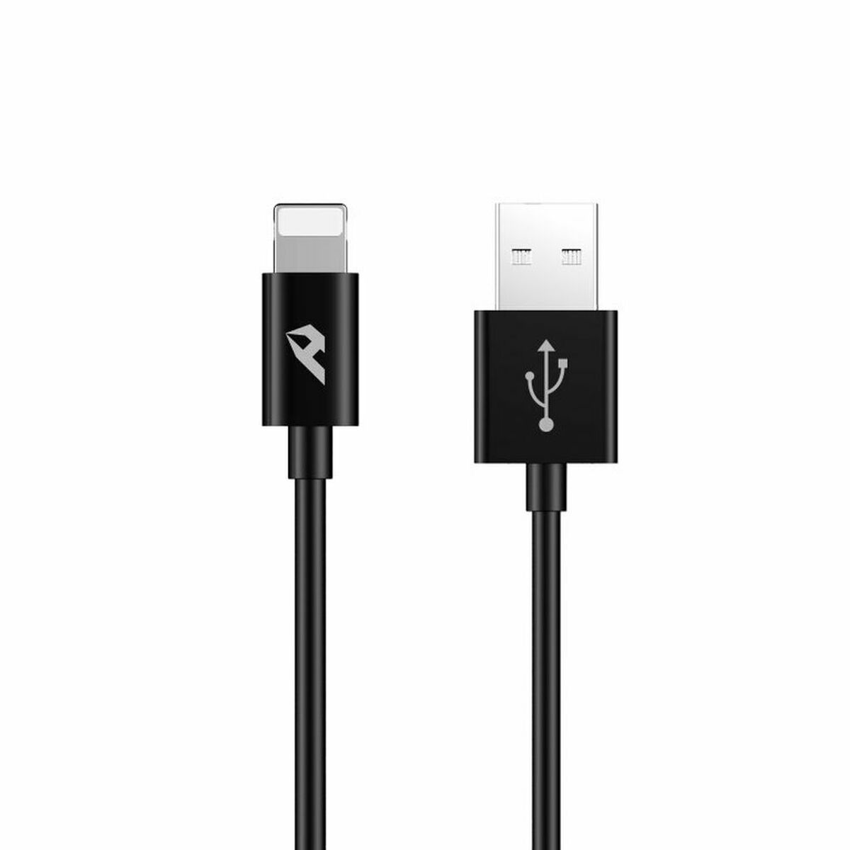 Un cavo da USB a Lightning nero con connettori su una superficie bianca.