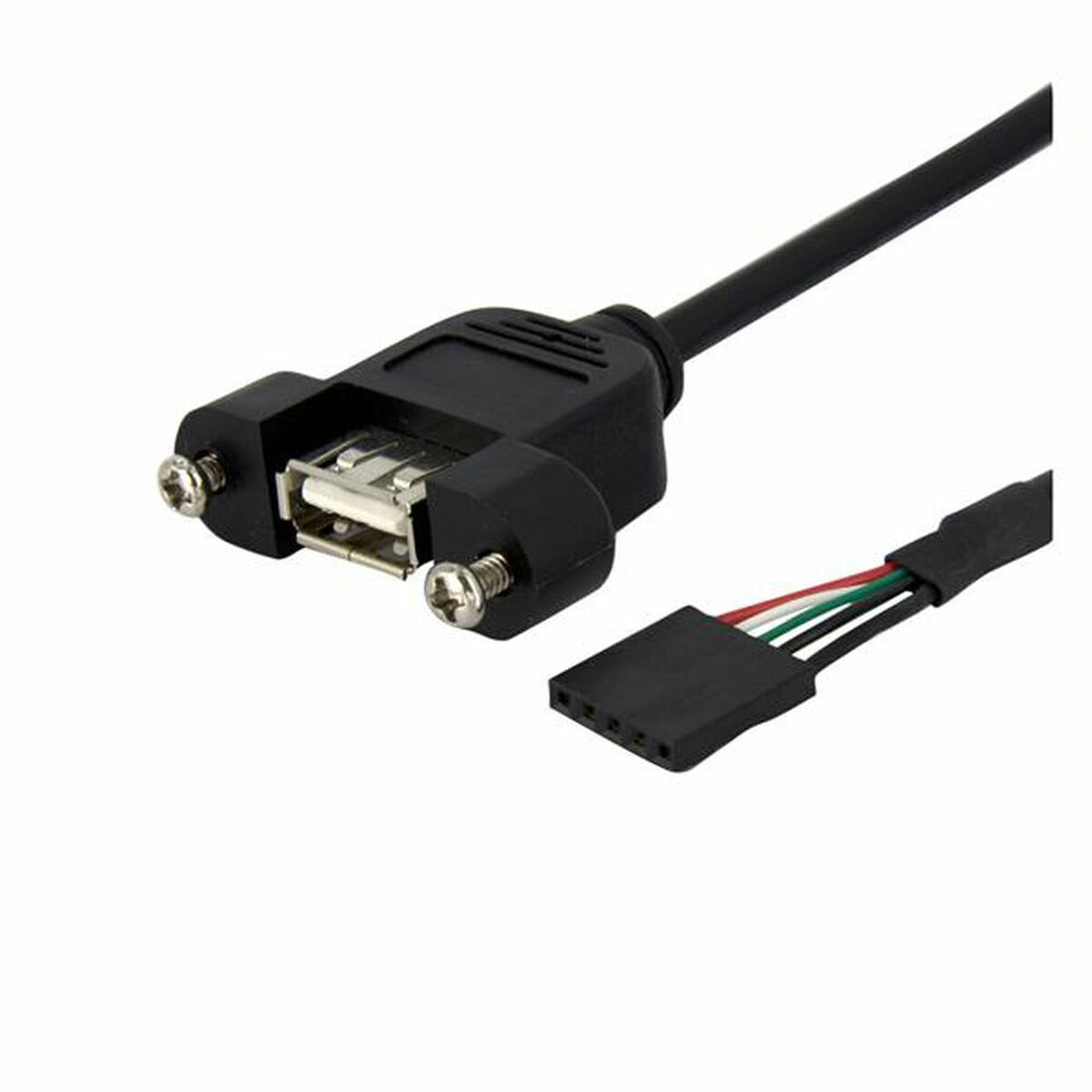 USB-poortkabel met zwarte connector. Heeft schroeven en draden.