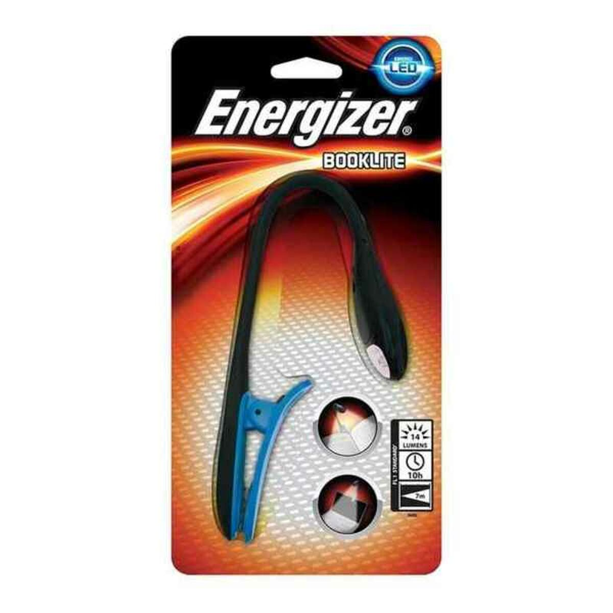 Un Energizer Booklite negro, una lámpara LED flexible con clip, sobre fondo rojo.
