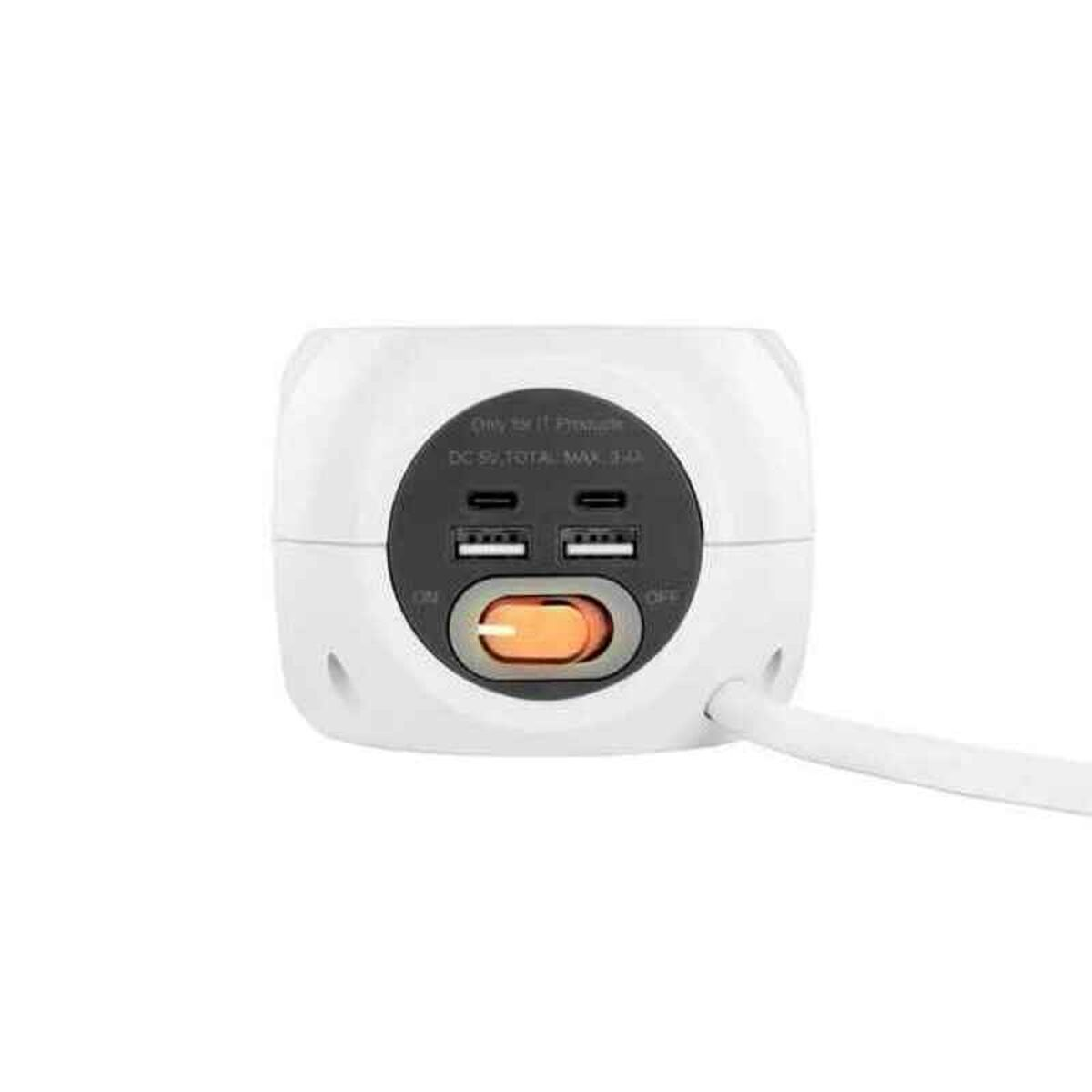 Regleta blanca con múltiples enchufes y un botón de encendido naranja, cable blanco.