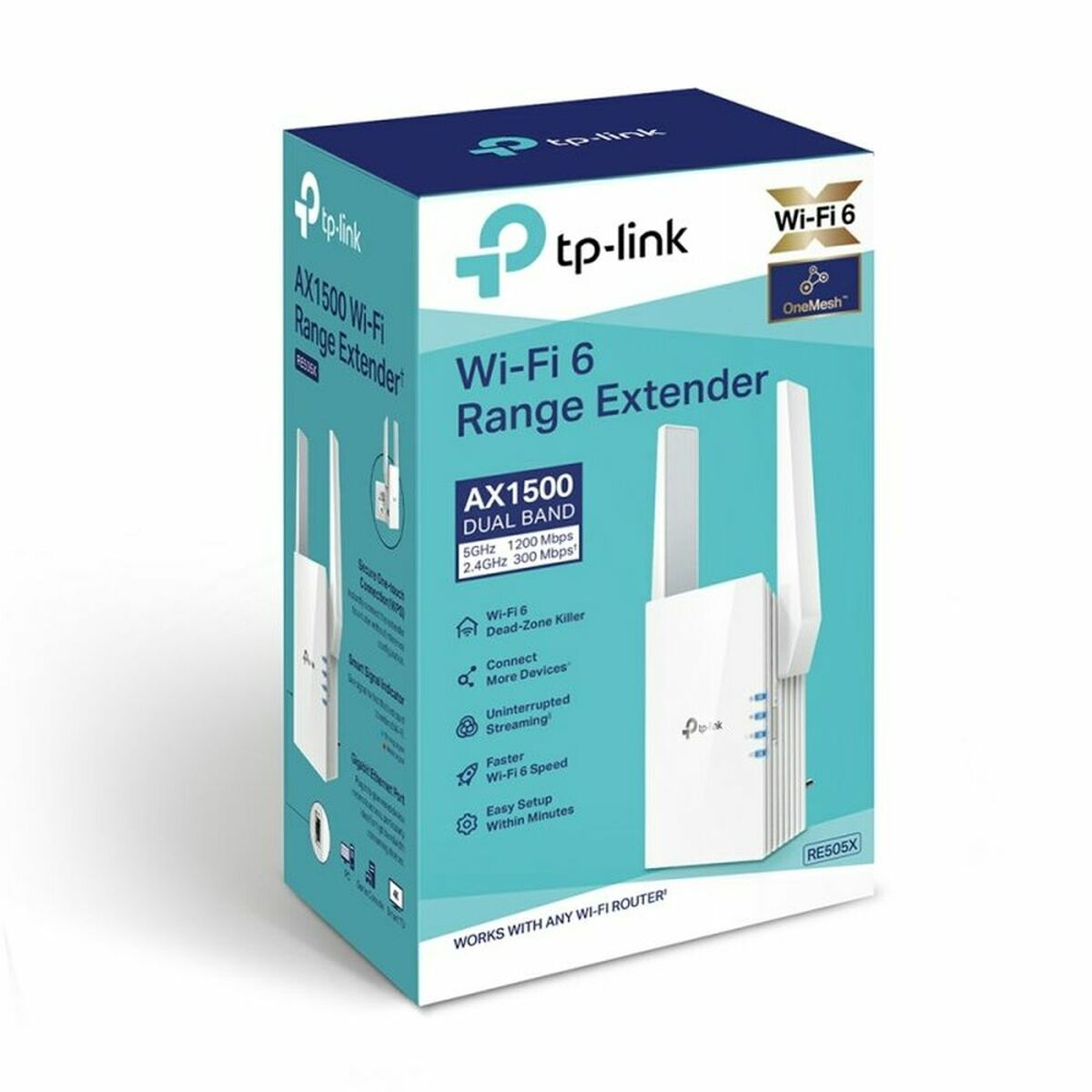 Eine Wi-Fi 6 Range Extender-Box mit sichtbarem Gerät. Die Box ist blau, weiß und türkis.