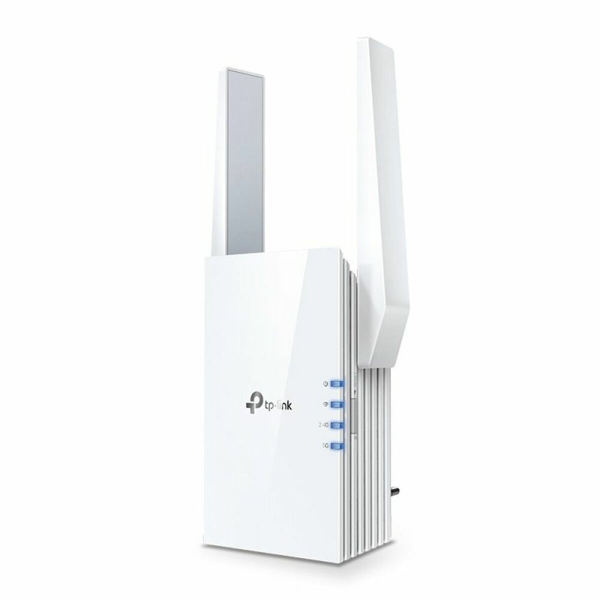 Ein weißer TP-Link WLAN-Repeater mit zwei Antennen, vor weißem Hintergrund.