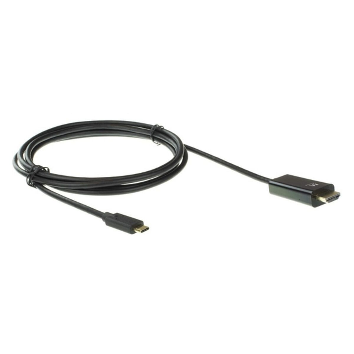 Cavo nero con connettori HDMI e USB-C, arrotolato su sfondo bianco.