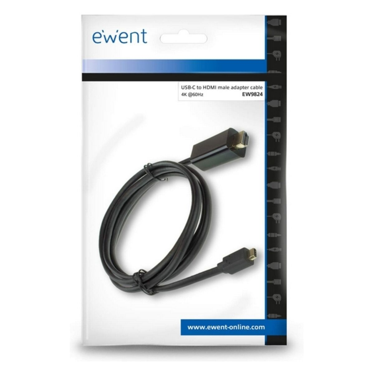 Cavo nero con connettori da USB-C a HDMI in una confezione. Sfondo bianco con testo.