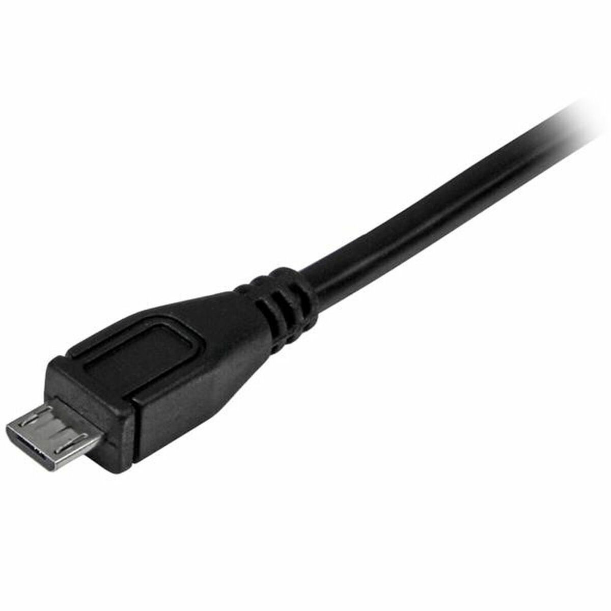 Cavo micro USB nero, angolato, su superficie bianca.