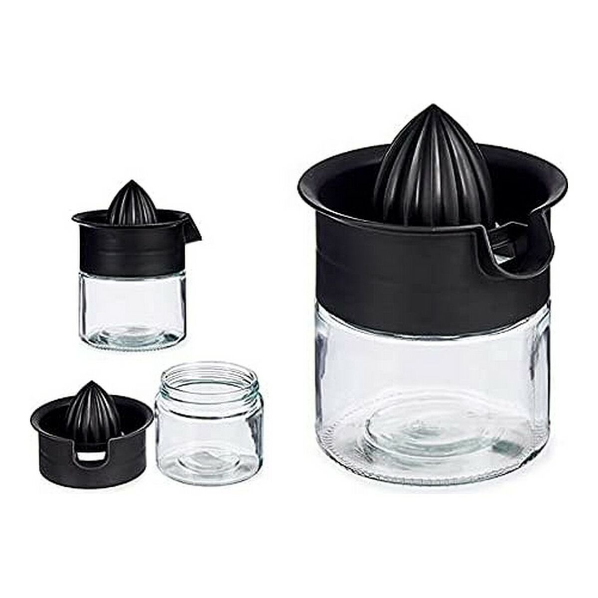 Drei Zitruspressen. Eine große und zwei kleinere, alle schwarz und klares Glas.