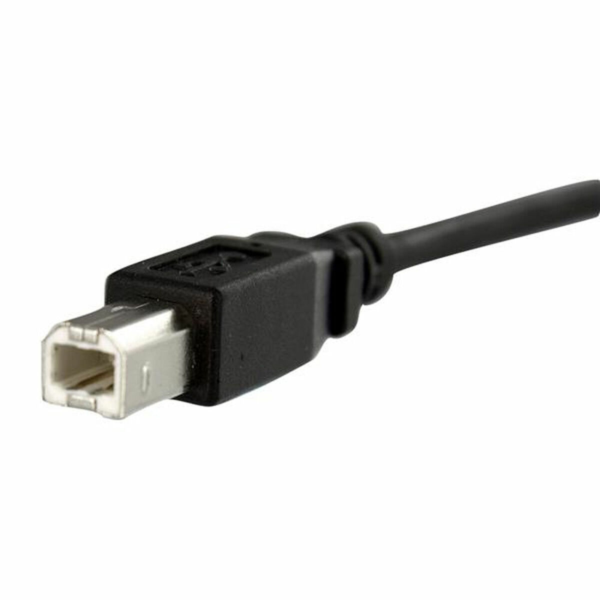 Primo piano di un cavo USB nero con un connettore rettangolare.