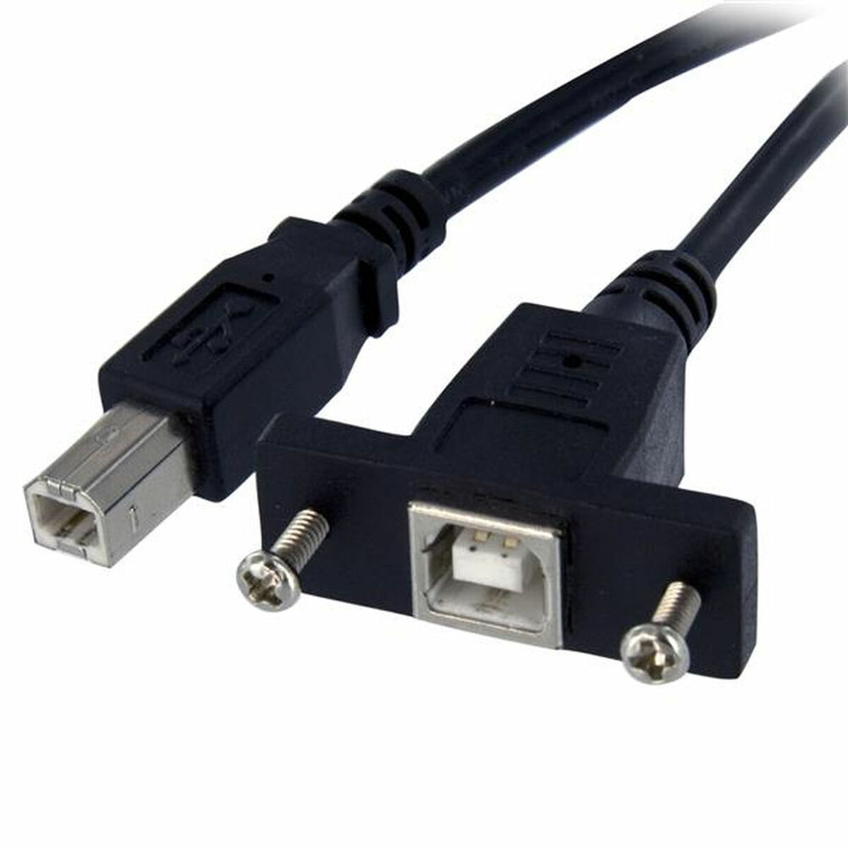 Porta USB nera con USB-B e fori per viti su sfondo bianco.