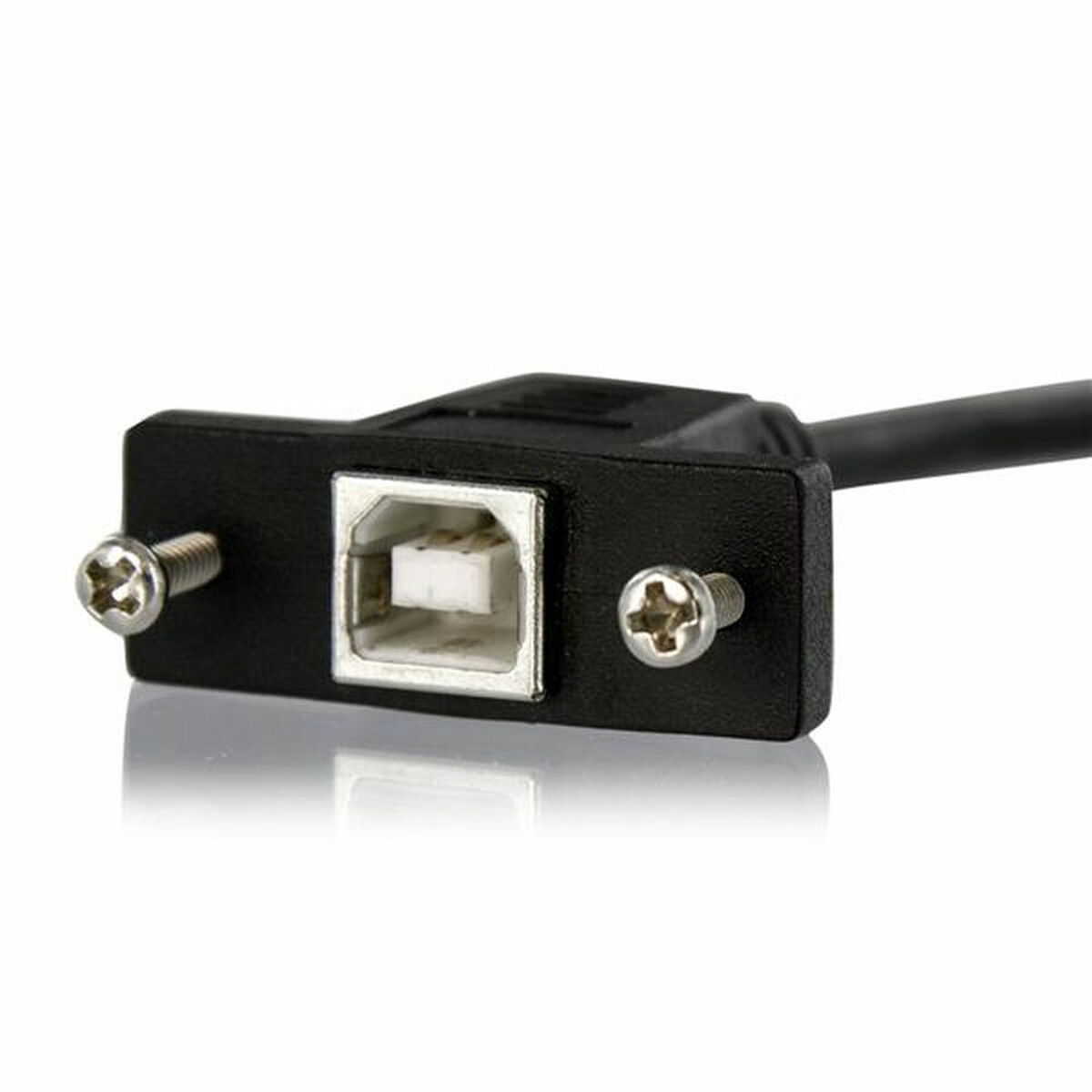 Un pannello connettore USB nero con fori di montaggio e una porta USB-B. Le viti sono visibili sul pannello.