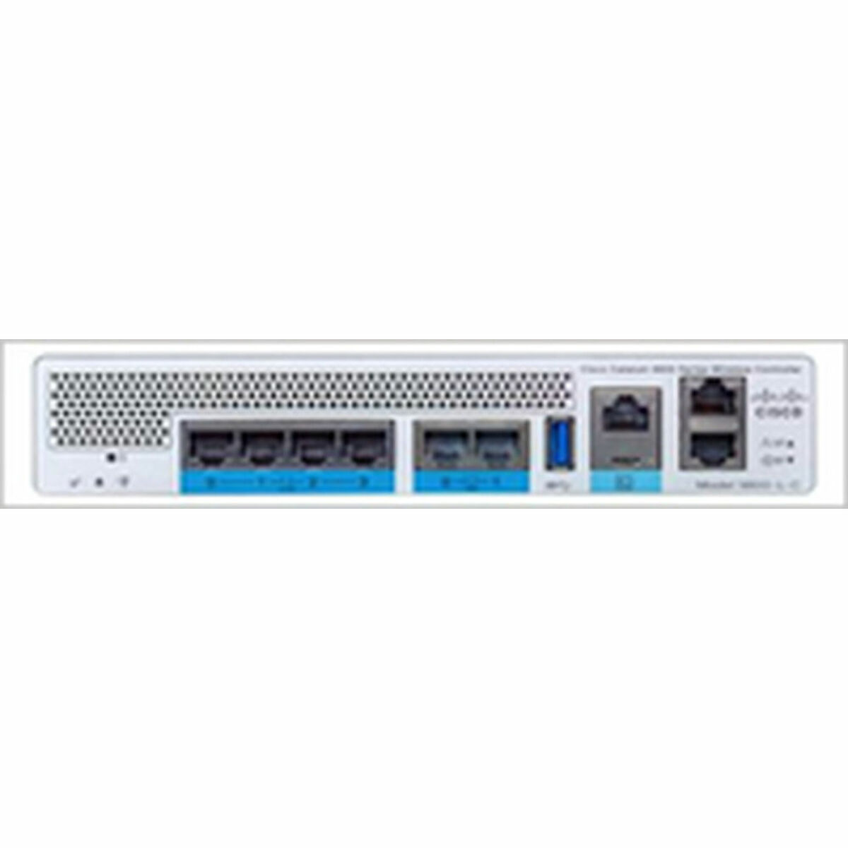 Ein weißes Netzwerkgerät mit verschiedenen Anschlüssen und Steckern, beschriftet mit Zahlen und blauen Akzenten. Cisco-Logo sichtbar.