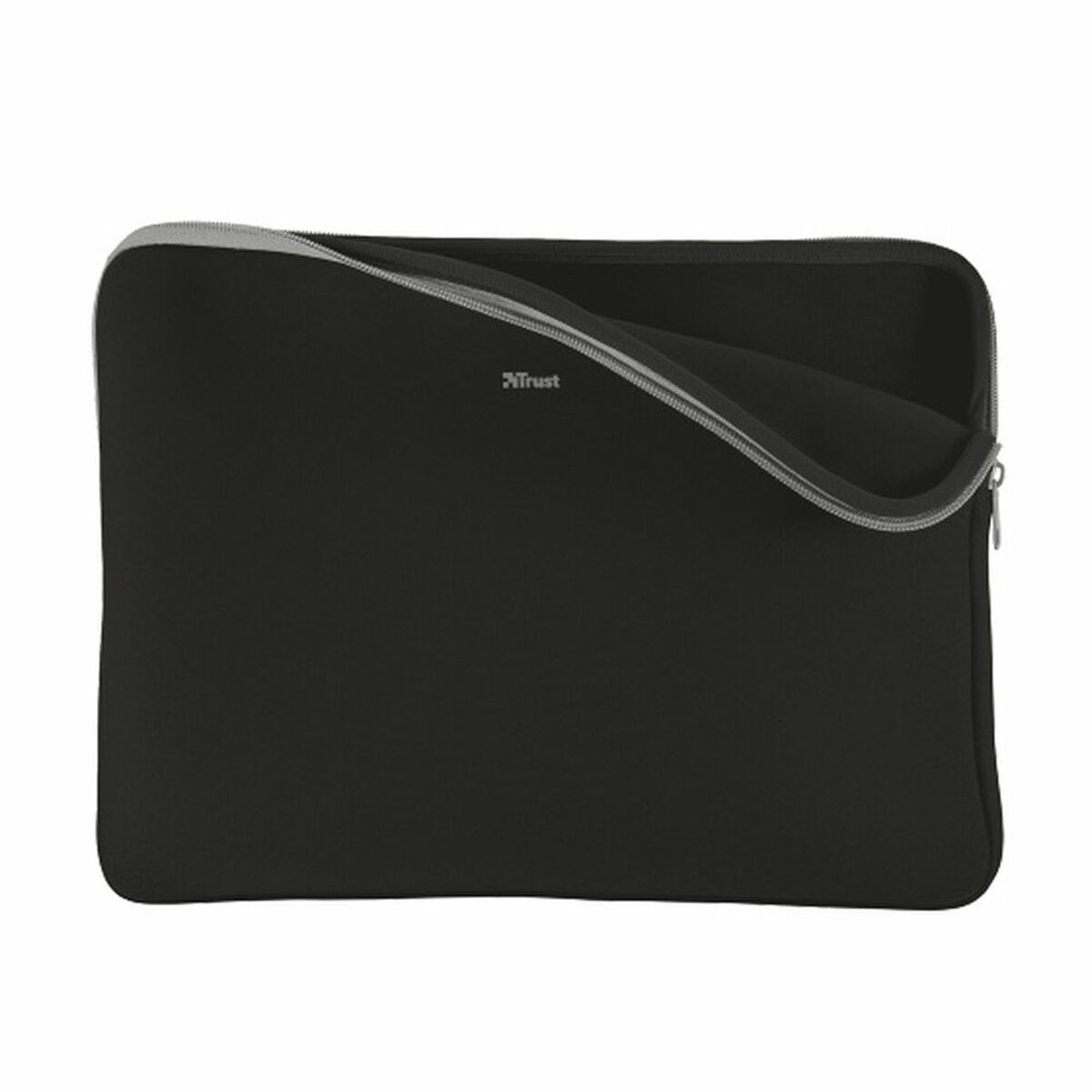 Een zwarte laptoptas met een ritssluiting, die de binnenkant van de tas laat zien.
