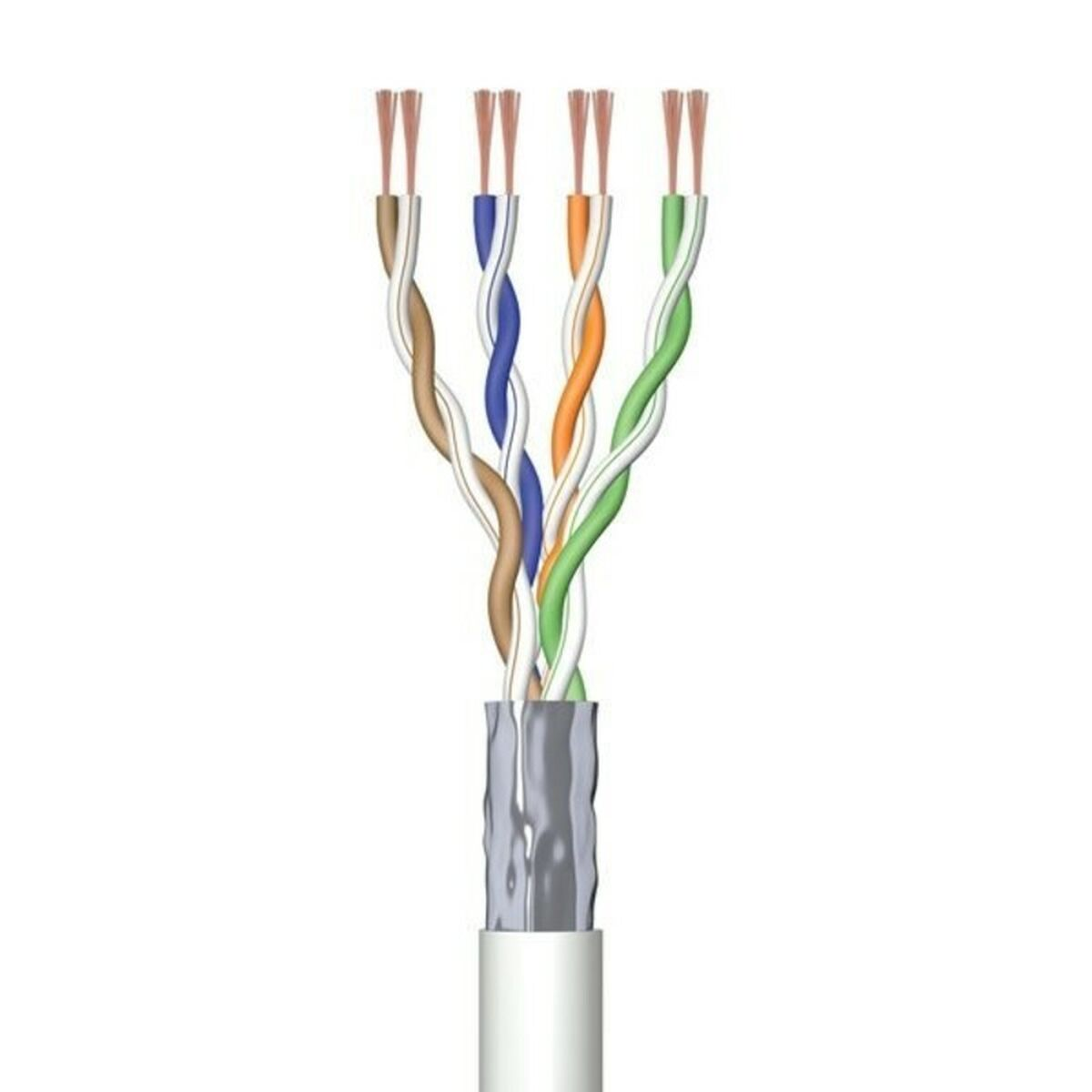 Cavo con fili colorati multipli esposti, tagliato ad angolo. Sfondo bianco.