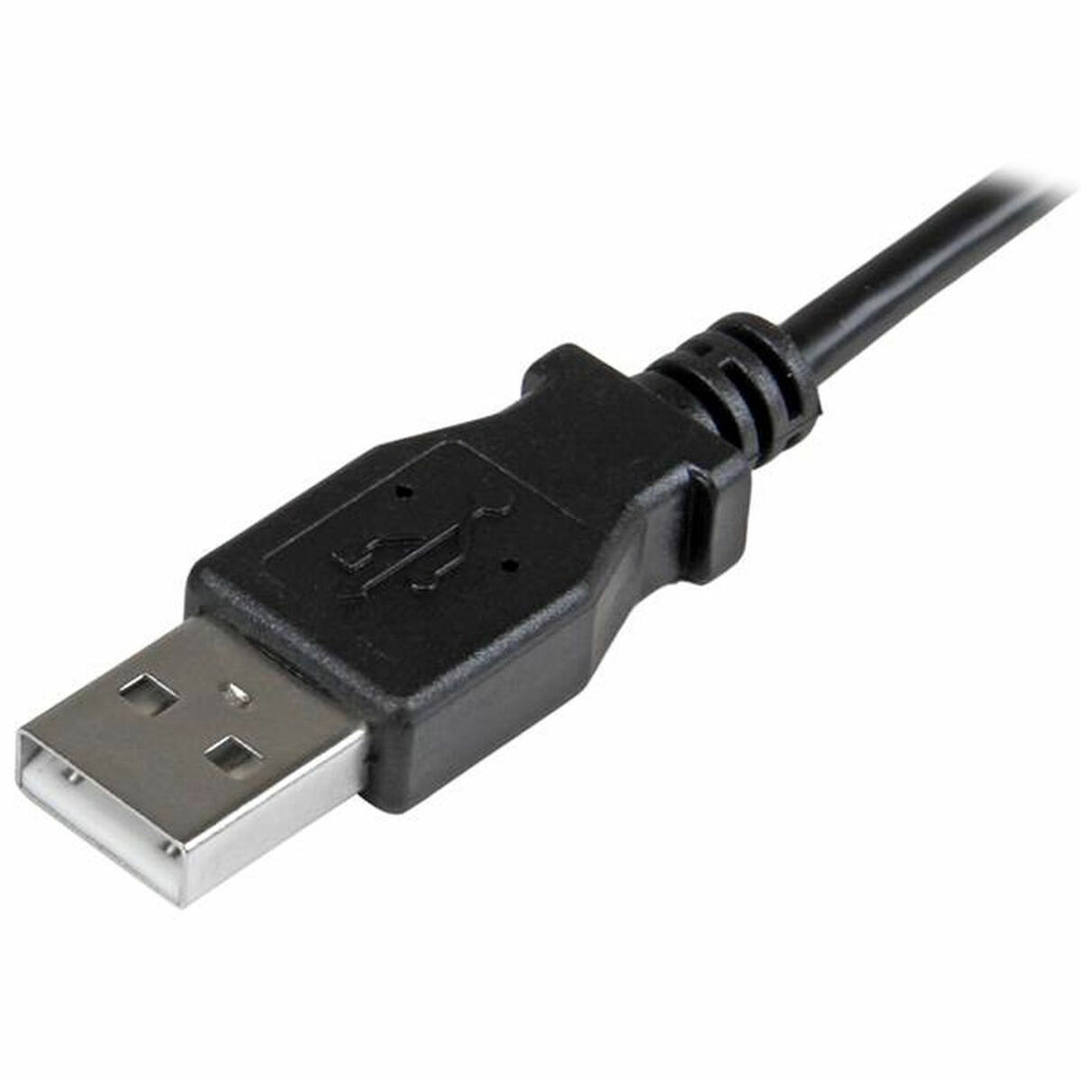 Primo piano di un cavo USB nero con un connettore USB.