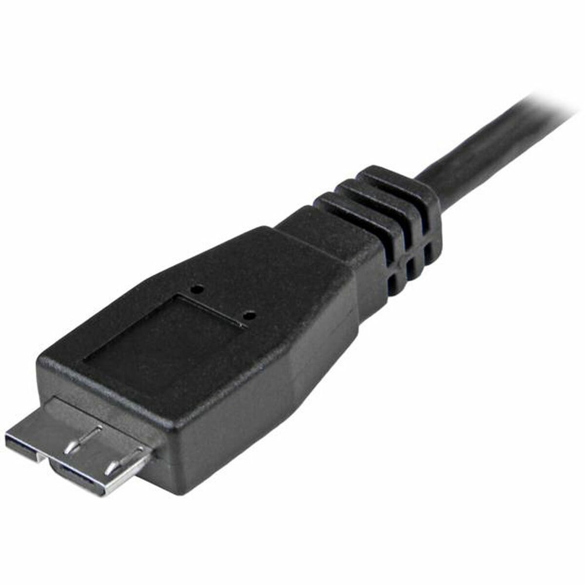 Een zwarte USB-A naar Micro-USB kabel. Het Micro-USB-uiteinde is zichtbaar, met een rechthoekige poort.