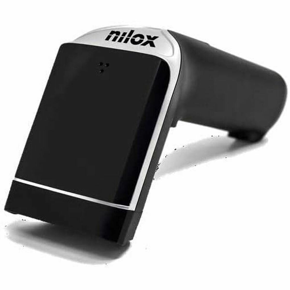Ein schwarzer Nilox-Barcodescanner. Er hat ein schwarzes Gehäuse mit silberner Zierleiste und eine weiße Oberseite mit Markennamen.