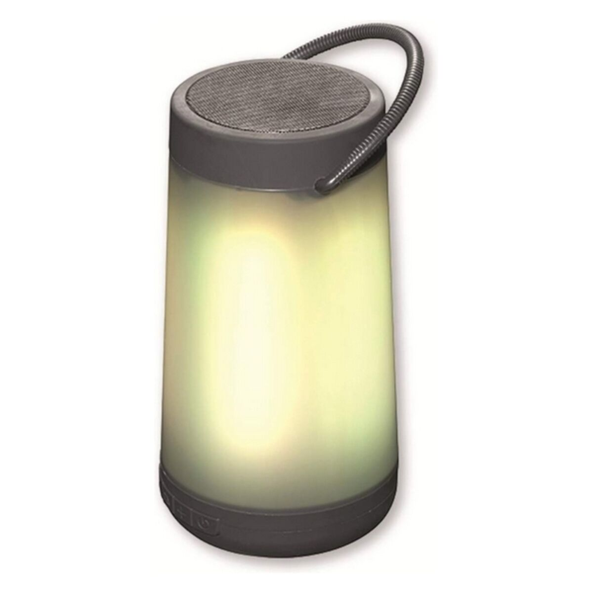 Szary cylindryczny głośnik w kształcie lampy z uchwytem, podświetlony na żółto.