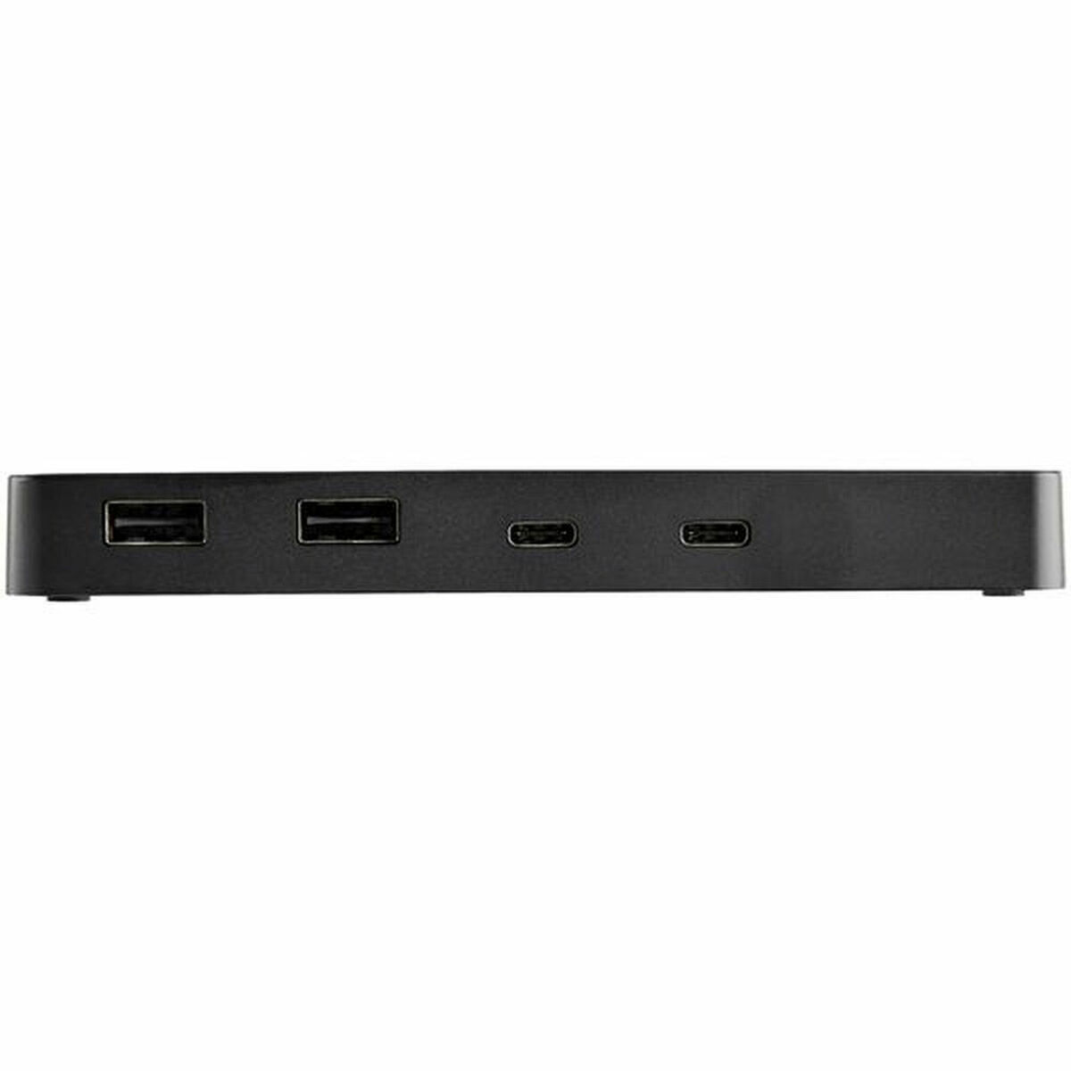 Schwarzer USB-Hub mit mehreren Anschlüssen: USB-A und USB-C. Einfaches, rechteckiges Gerät.