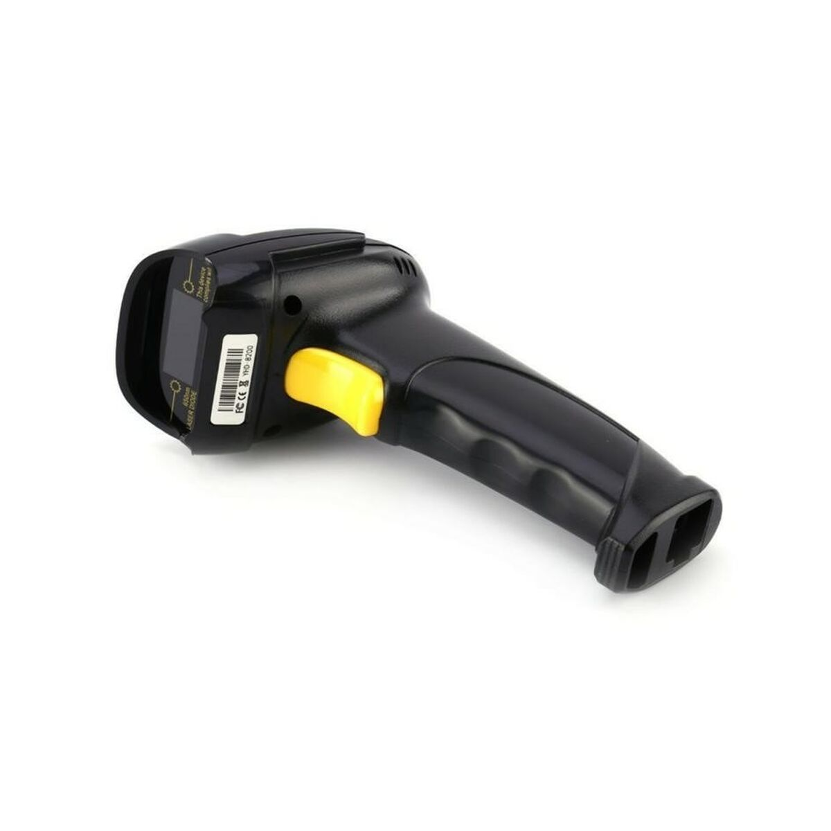 Ein schwarzer Barcode-Scanner mit gelbem Knopf. Er liegt auf weißem Grund. Der Scanner hat einen Griff und einen Lesekopf.