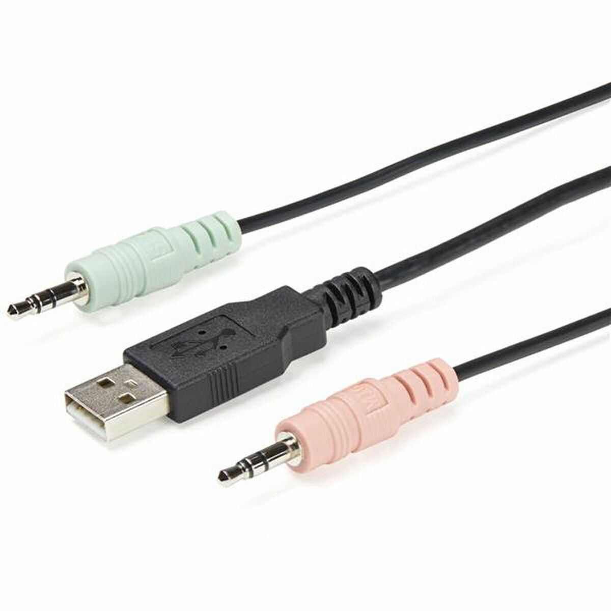 Drei Audiokabel mit verschiedenfarbigen Steckern, ein USB-Anschluss, alles auf weißem Grund.